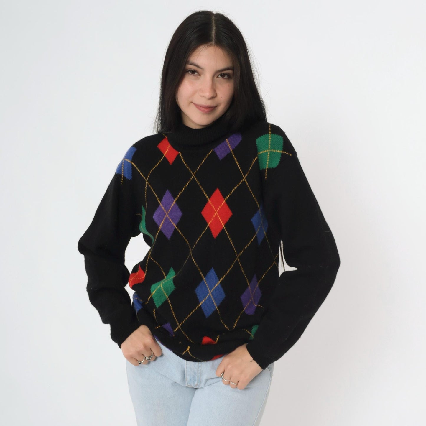 80s Wheeler & Martha Wool Argyle Sweater Black Mock Neck Medium