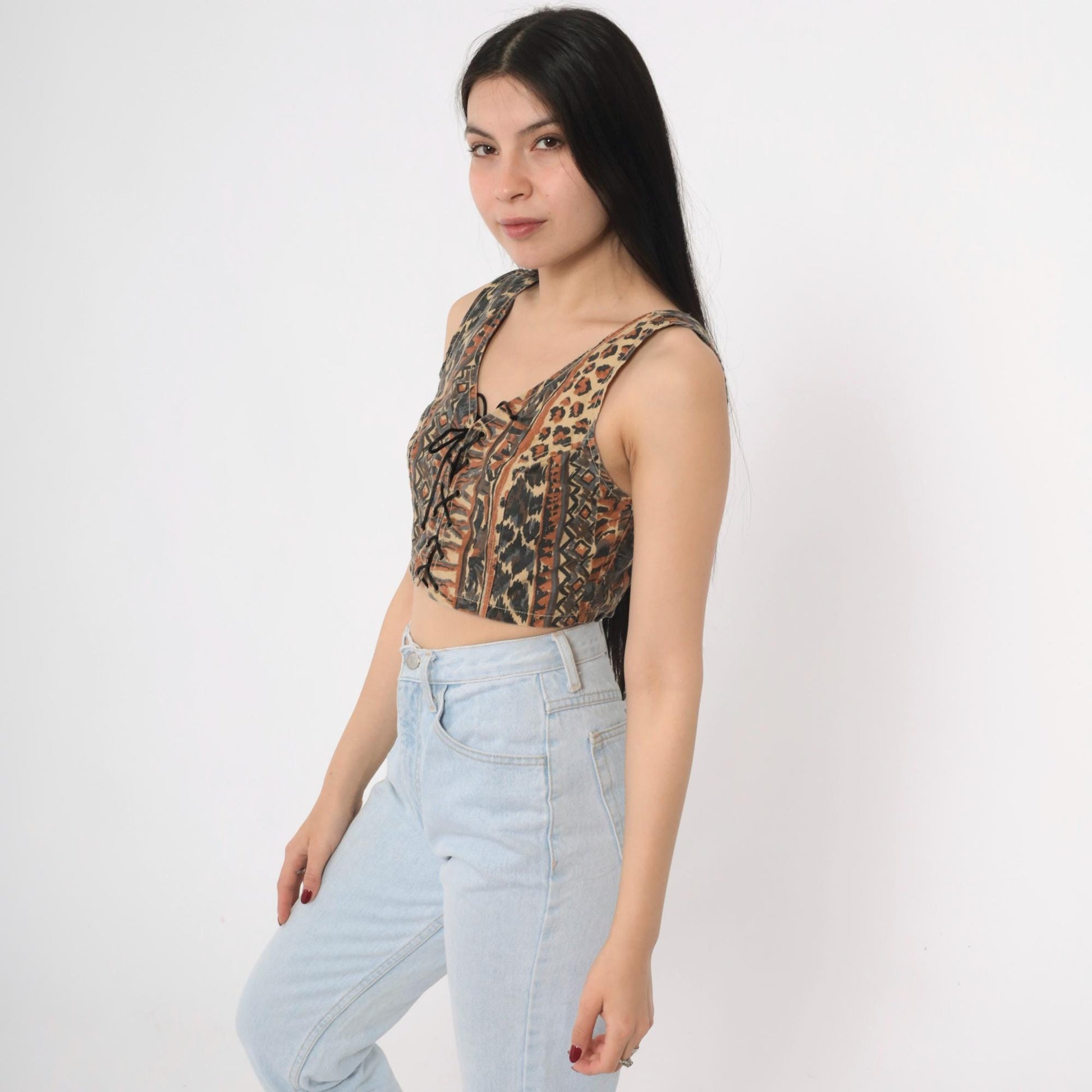 90s Leopard Geometric Print Crop Tank Lace-Up Front Small S