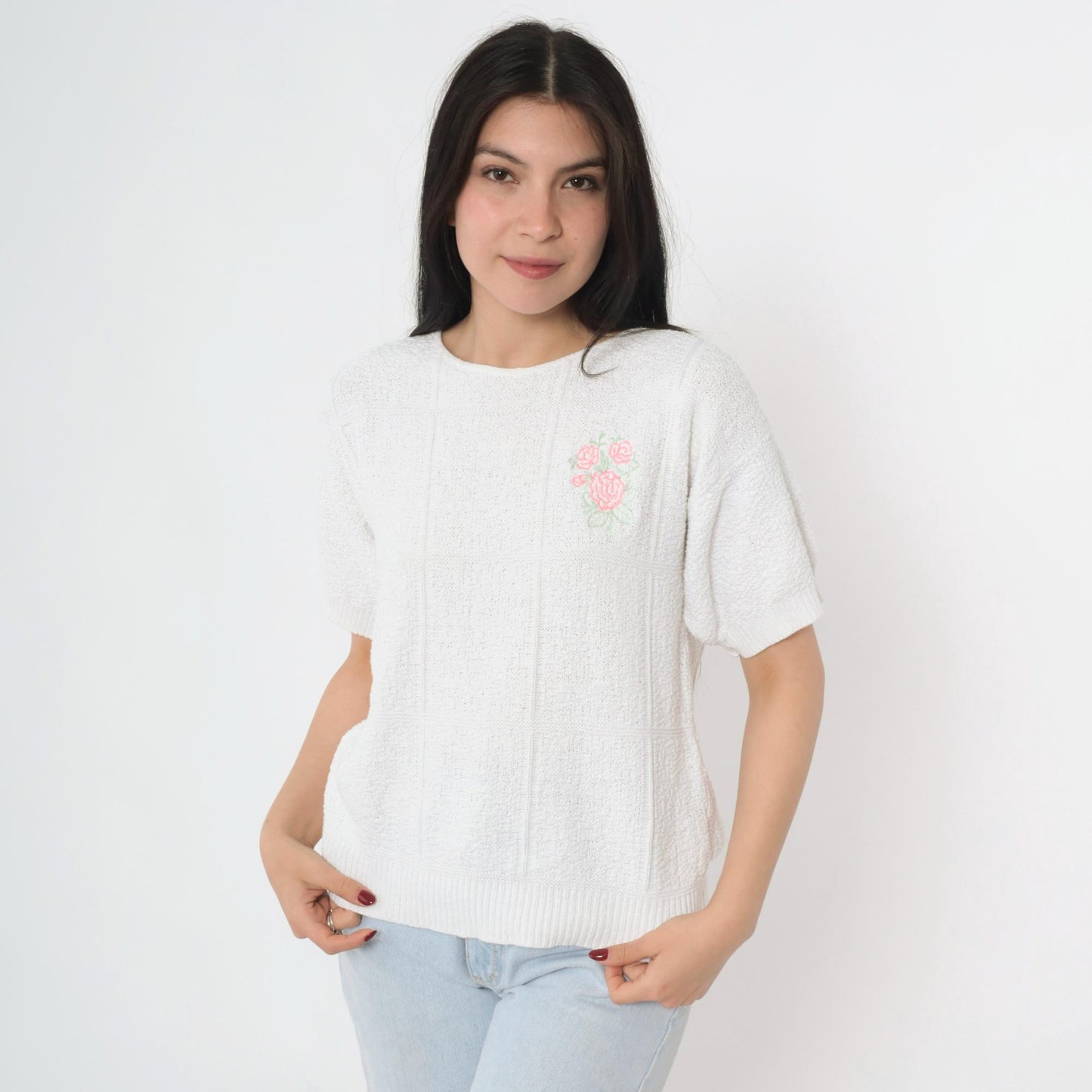 80s Lauren Knitwear Floral Embroidered Cotton Knit Top White Short Sleeve Small