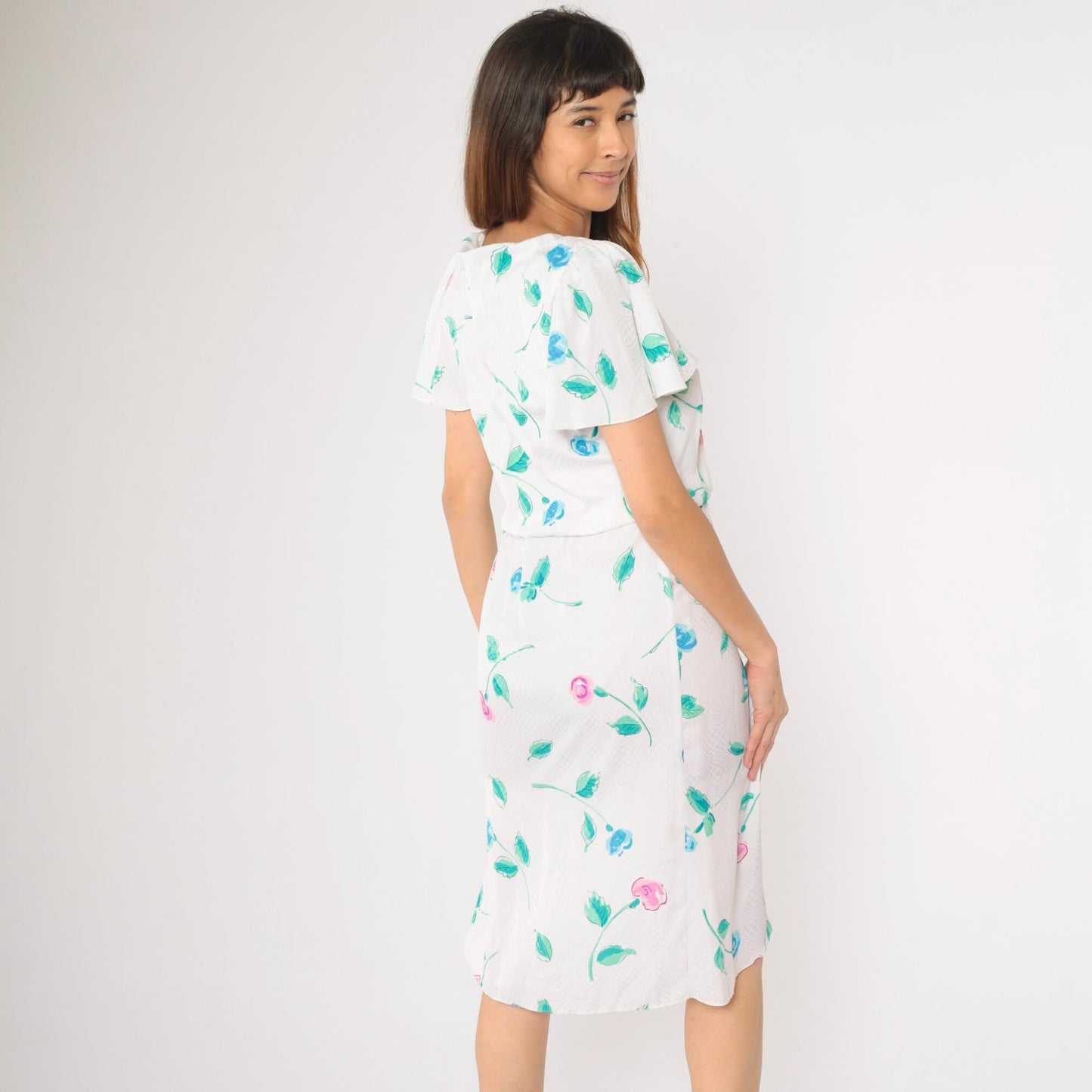 1970s Floral Checkered Jacquard Midi Dress White Flutter Sleeve Blouson Small