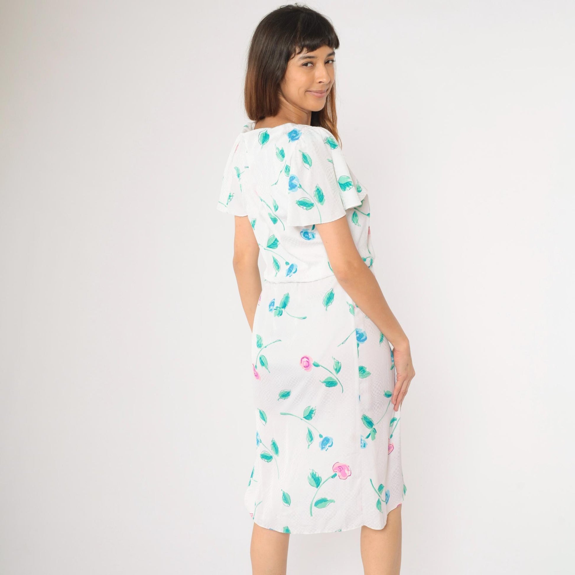 1970s Floral Checkered Jacquard Midi Dress White Flutter Sleeve Blouson Small