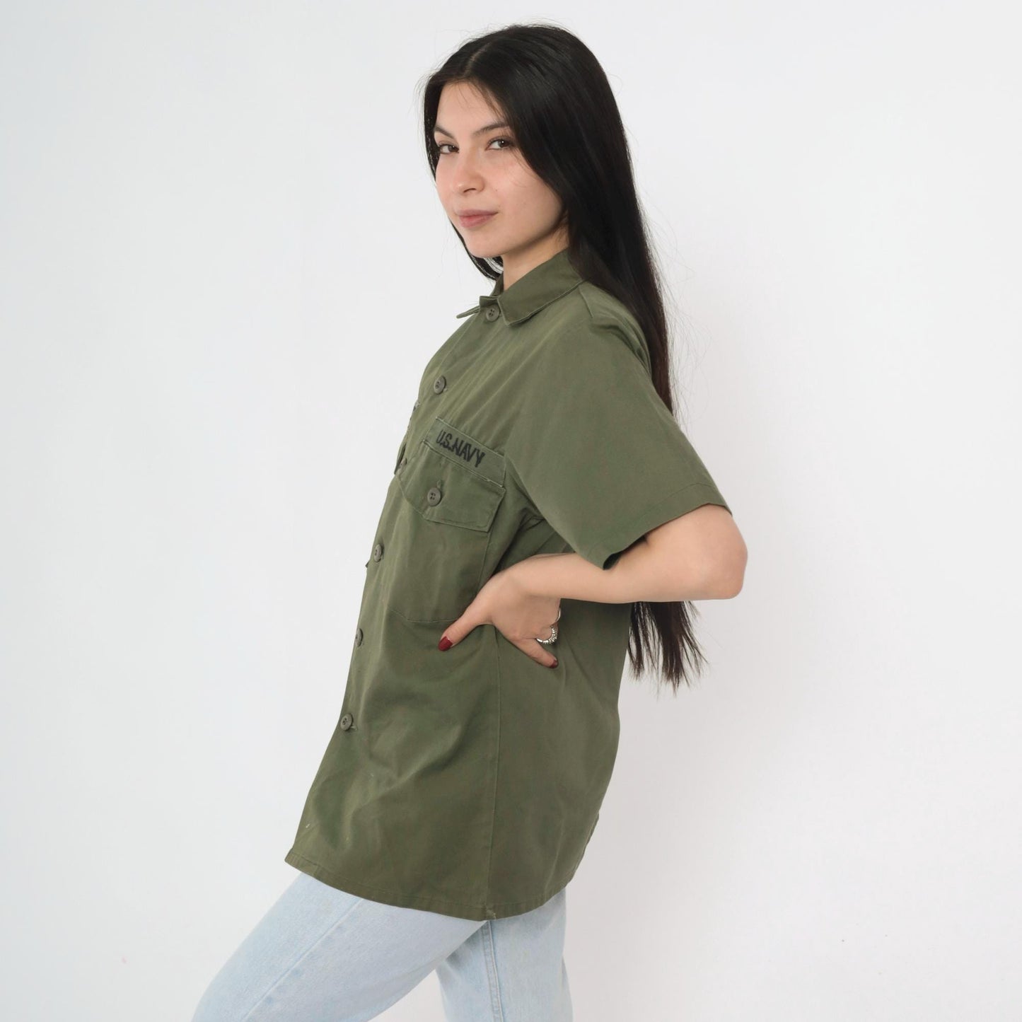 70s U.S. Navy Olive Green Cotton Twill Military Utility Shirt Small