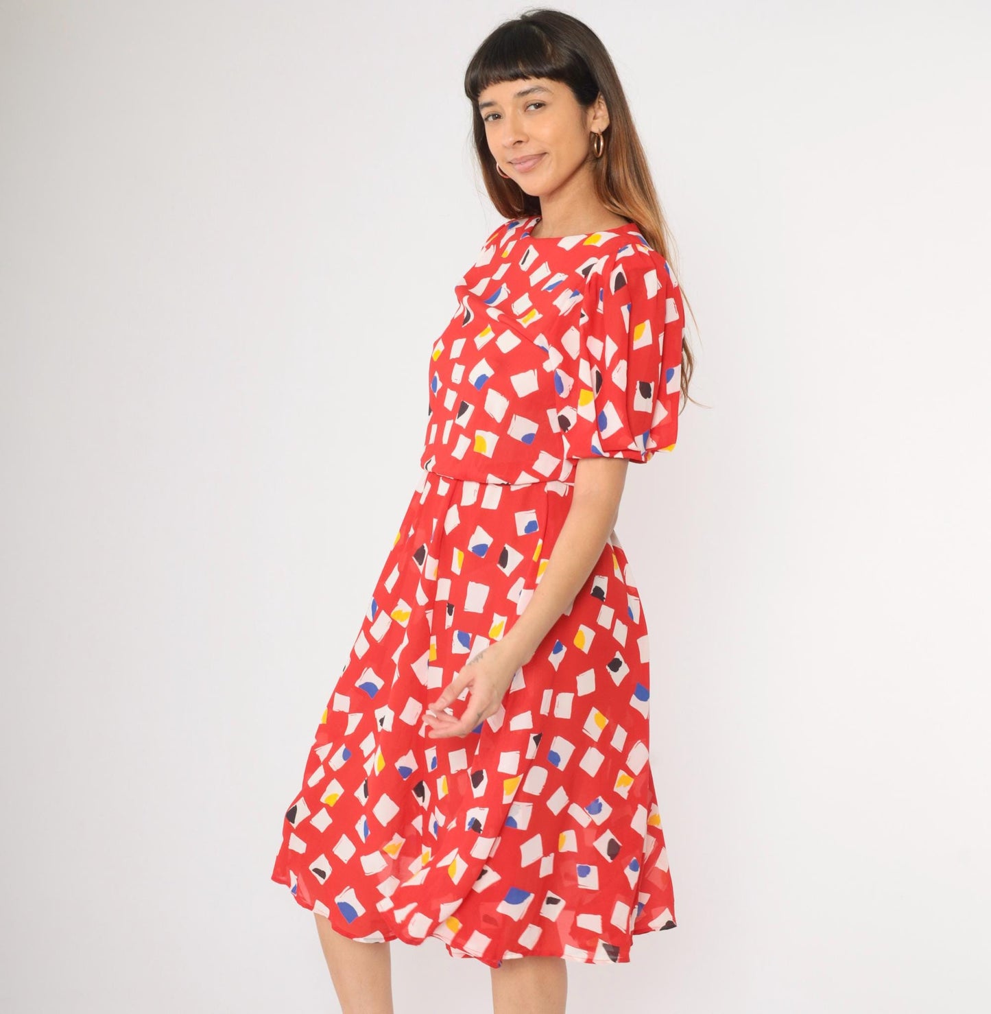 80s L Rothschild Red Abstract Geometric Midi Dress Puff Sleeve Medium