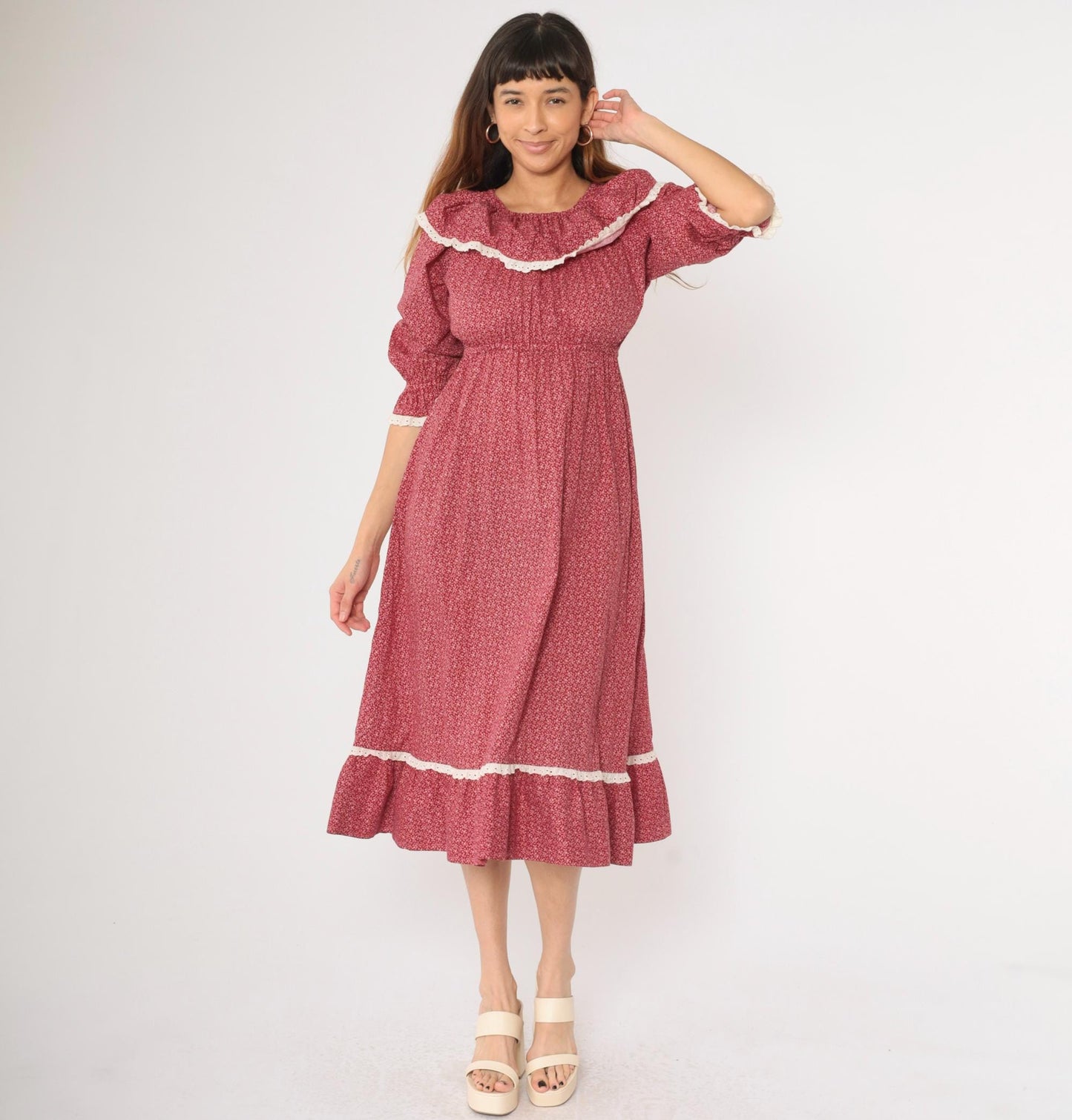 70s Burgundy Calico Floral Peasant Dress Empire Waist Midi Lace Small