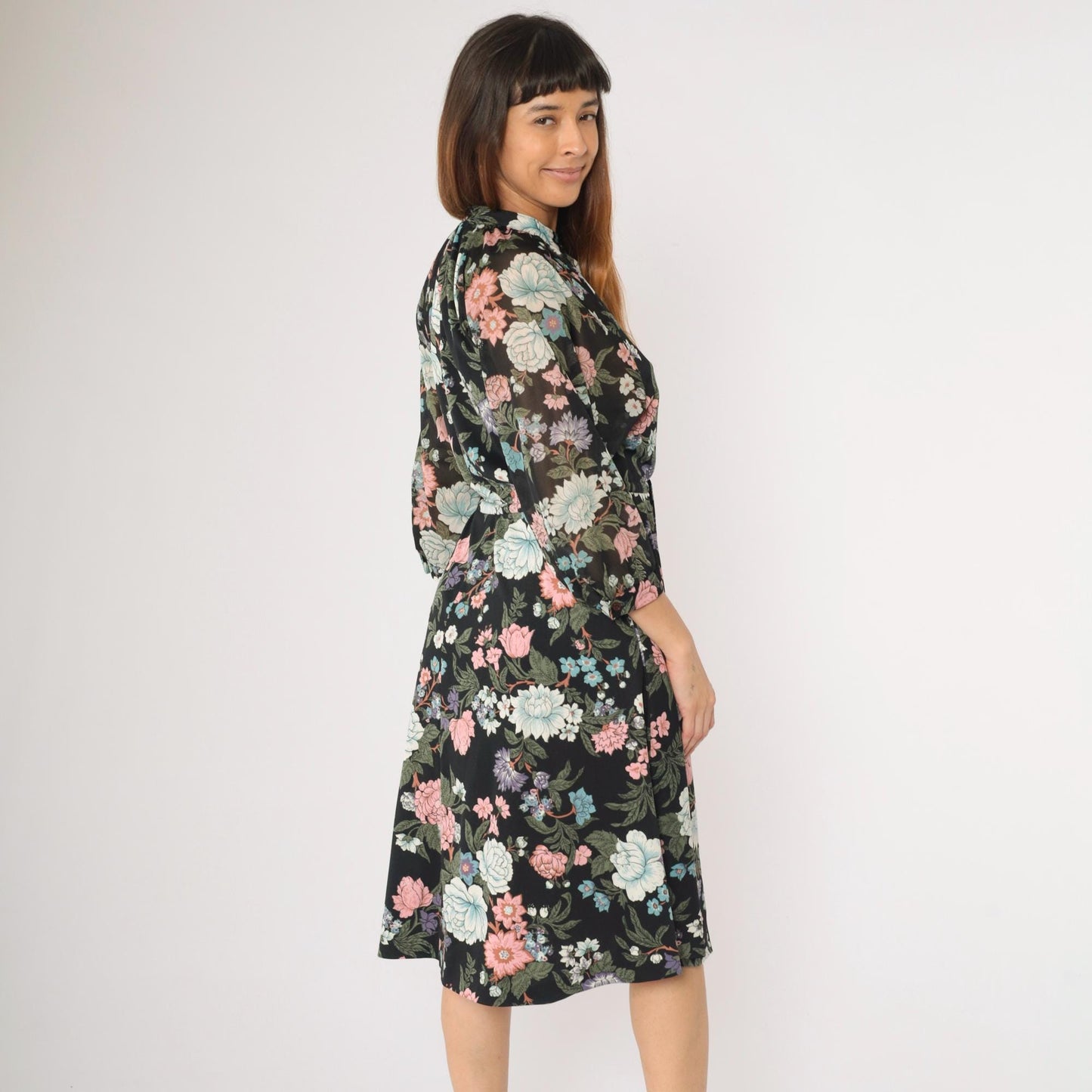 70s Black Floral Midi Dress 3/4 Sleeve Drawstring Waist Button Up Medium