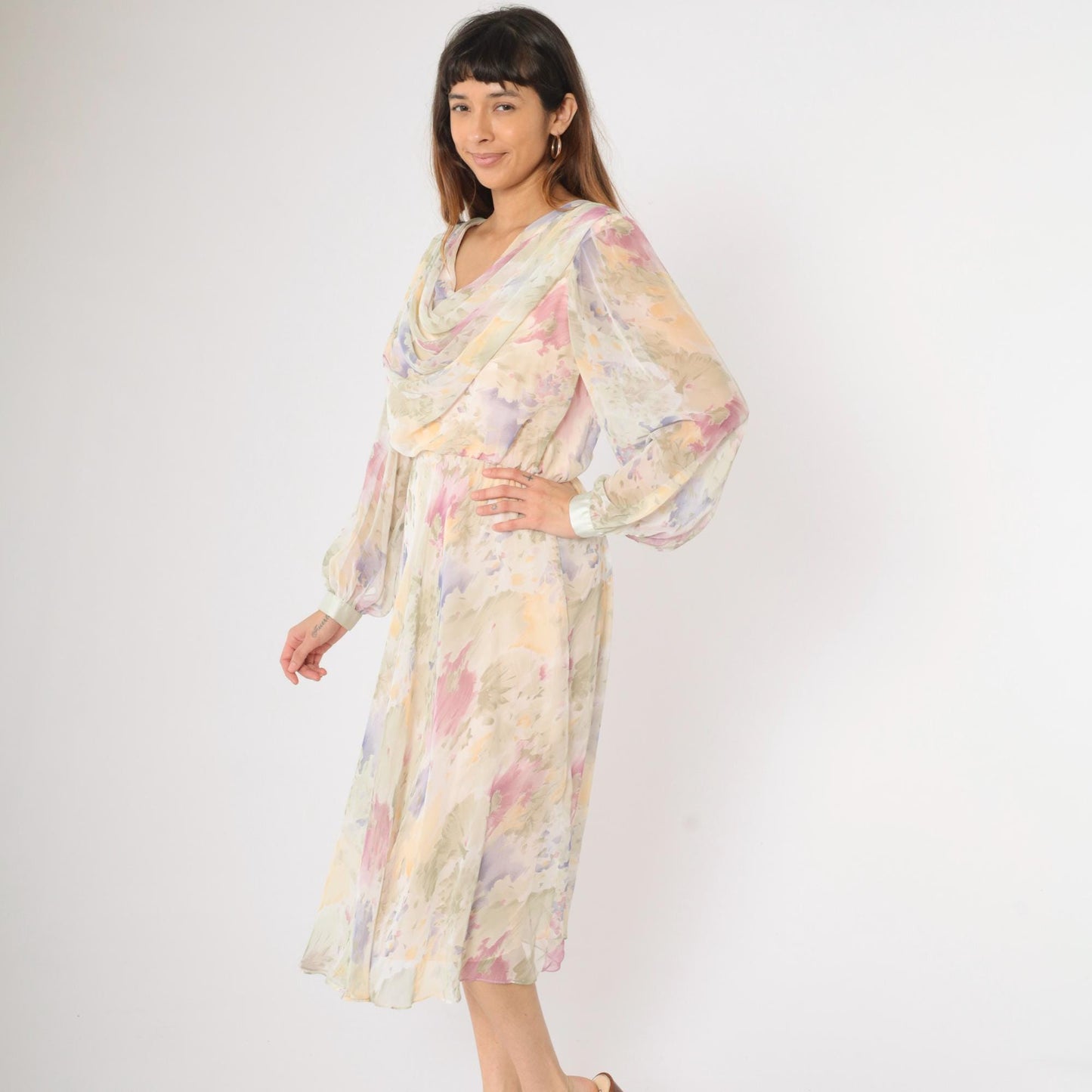 80s Ursula Pastel Watercolor Floral Chiffon Midi Dress Cowl Neck Medium