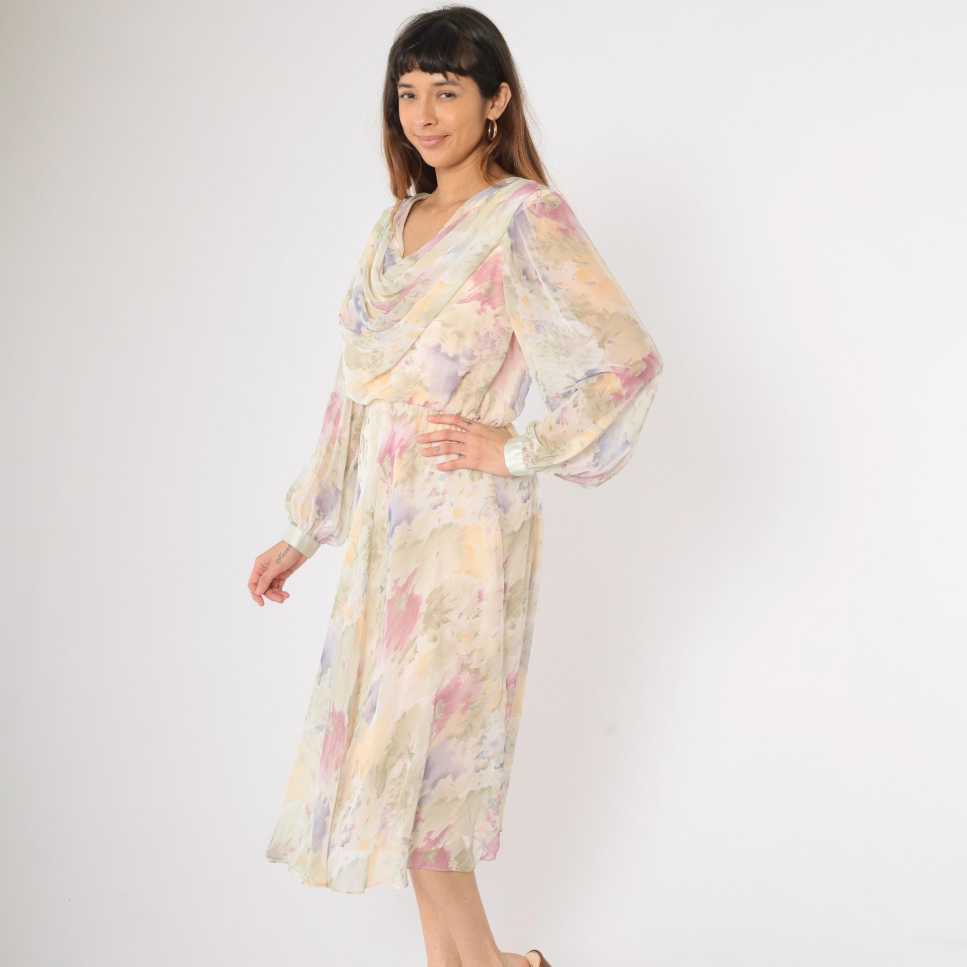 80s Ursula Pastel Watercolor Floral Chiffon Midi Dress Cowl Neck Medium