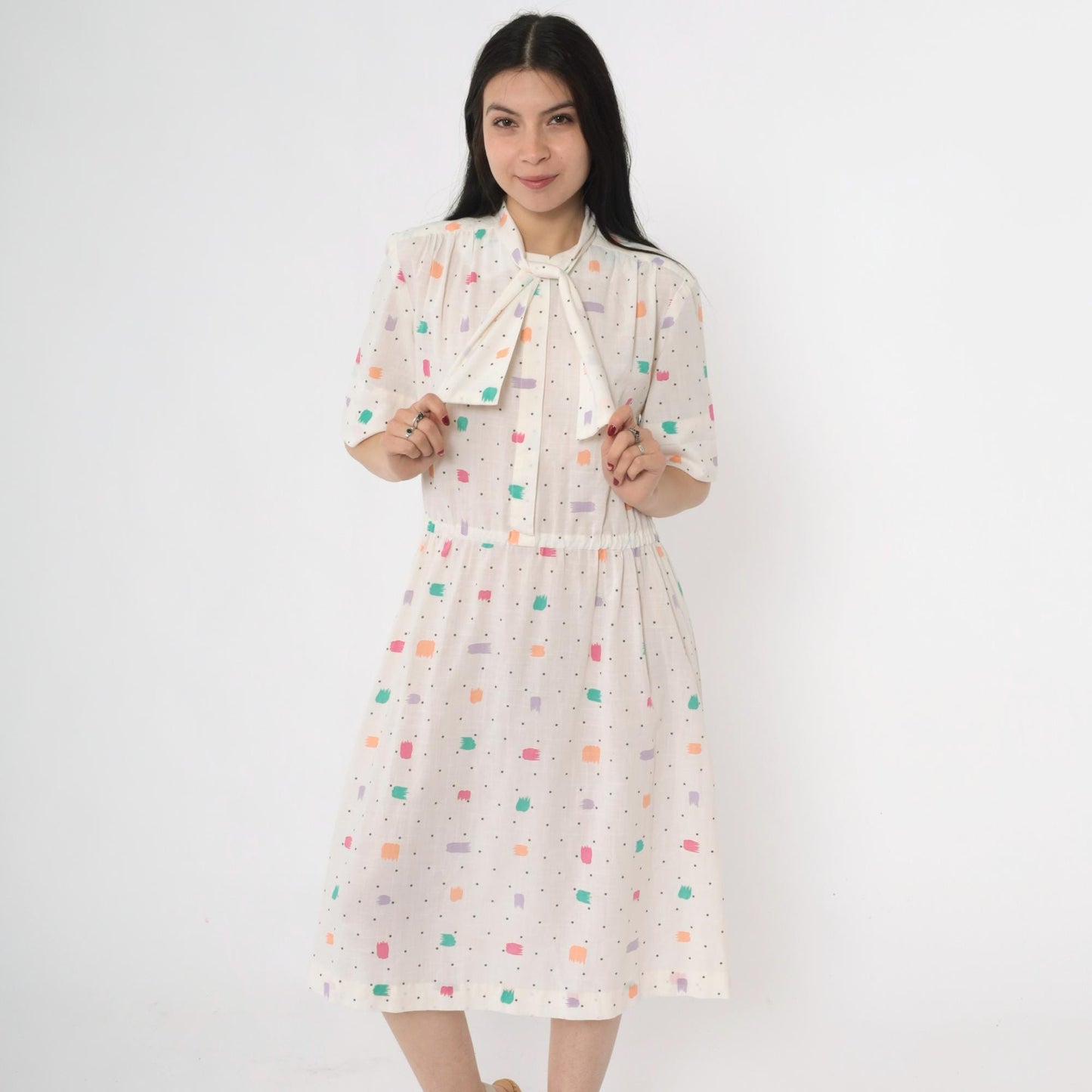 80s White Brushstroke Polka Dot Midi Shirtdress Ascot High Waist Large