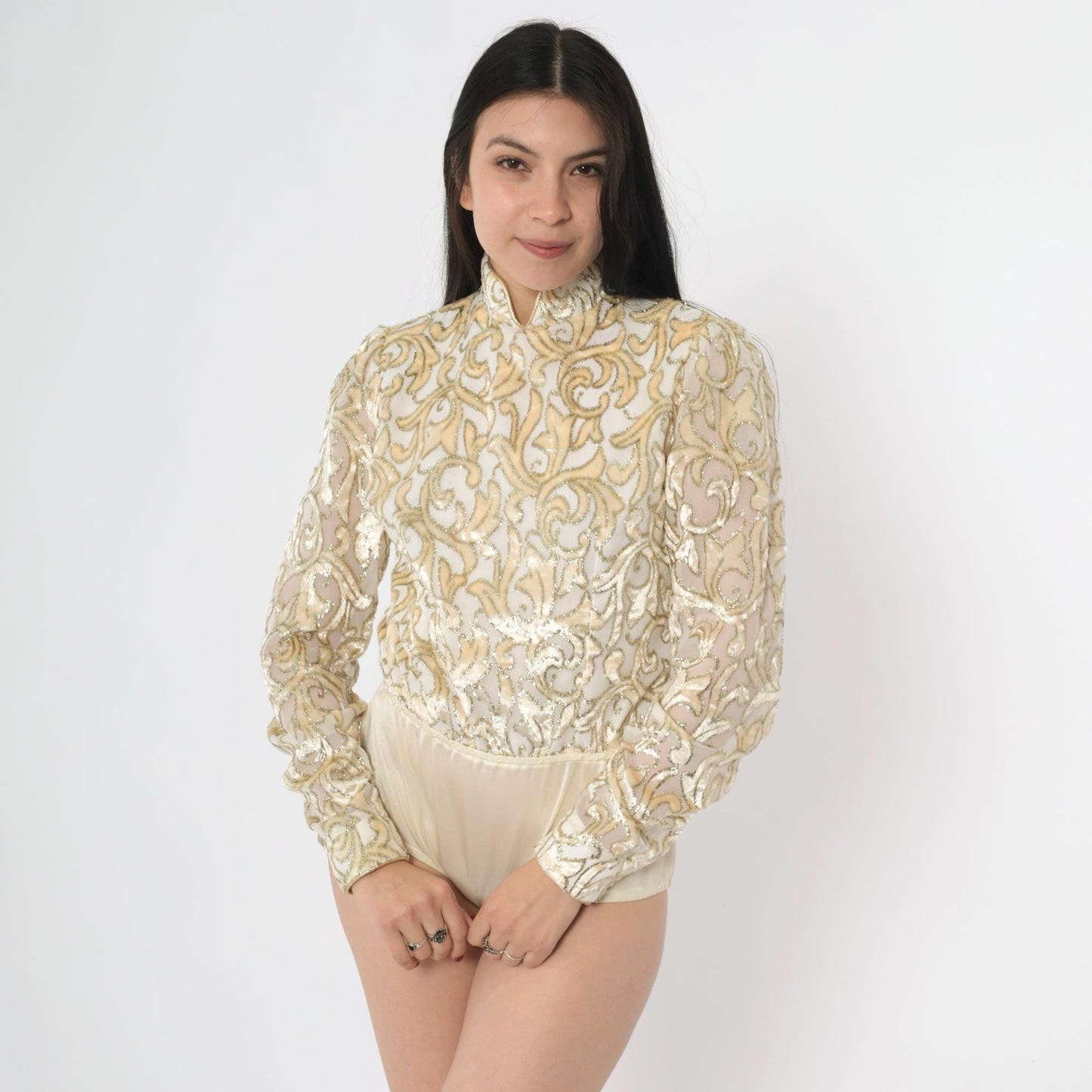 80s Metallic Velvet Burnout Bodysuit Ivory Gold Mandarin Collar Long Sleeve Extra Small