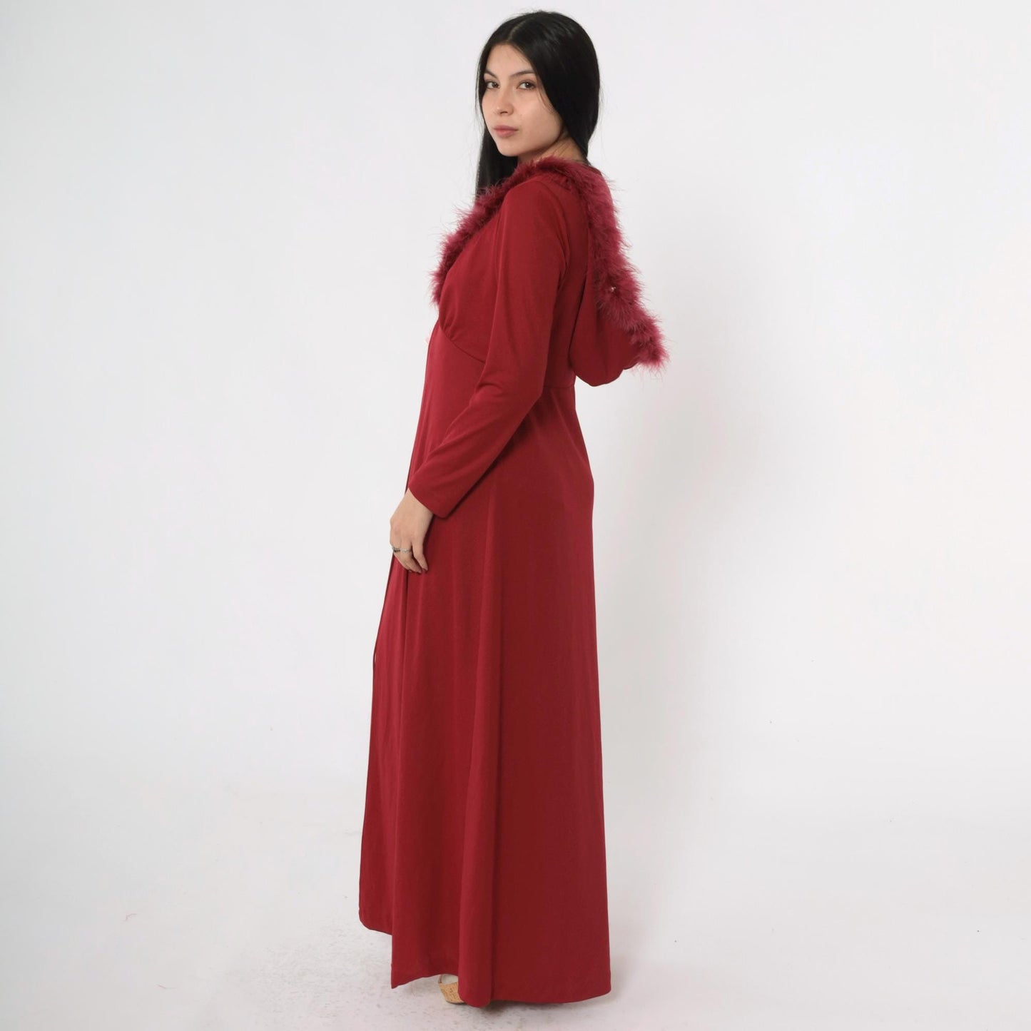 70s Burgundy Maxi Jacket Feather Trim Hood Deep V Neck Small Medium