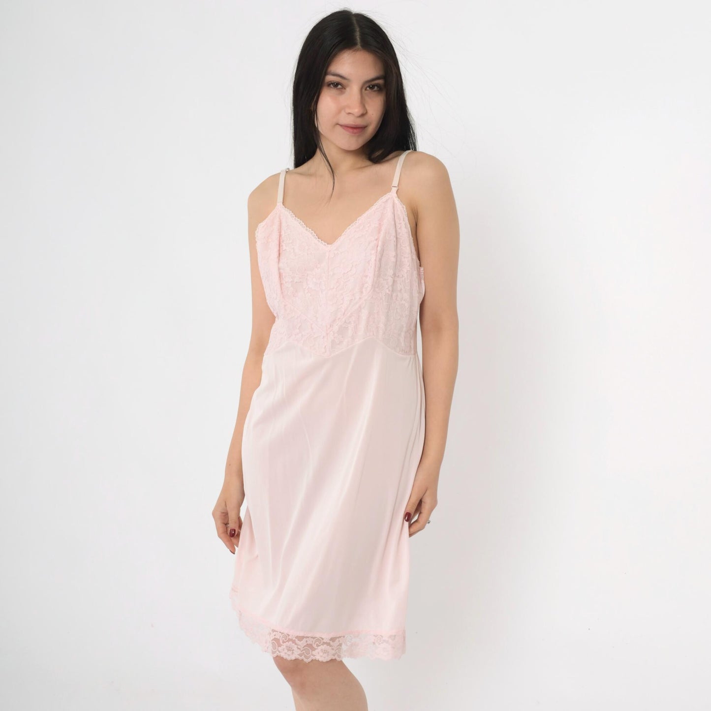 70s Pink Lace Slip Dress V-Neck Spaghetti Straps Mini Nightgown Medium