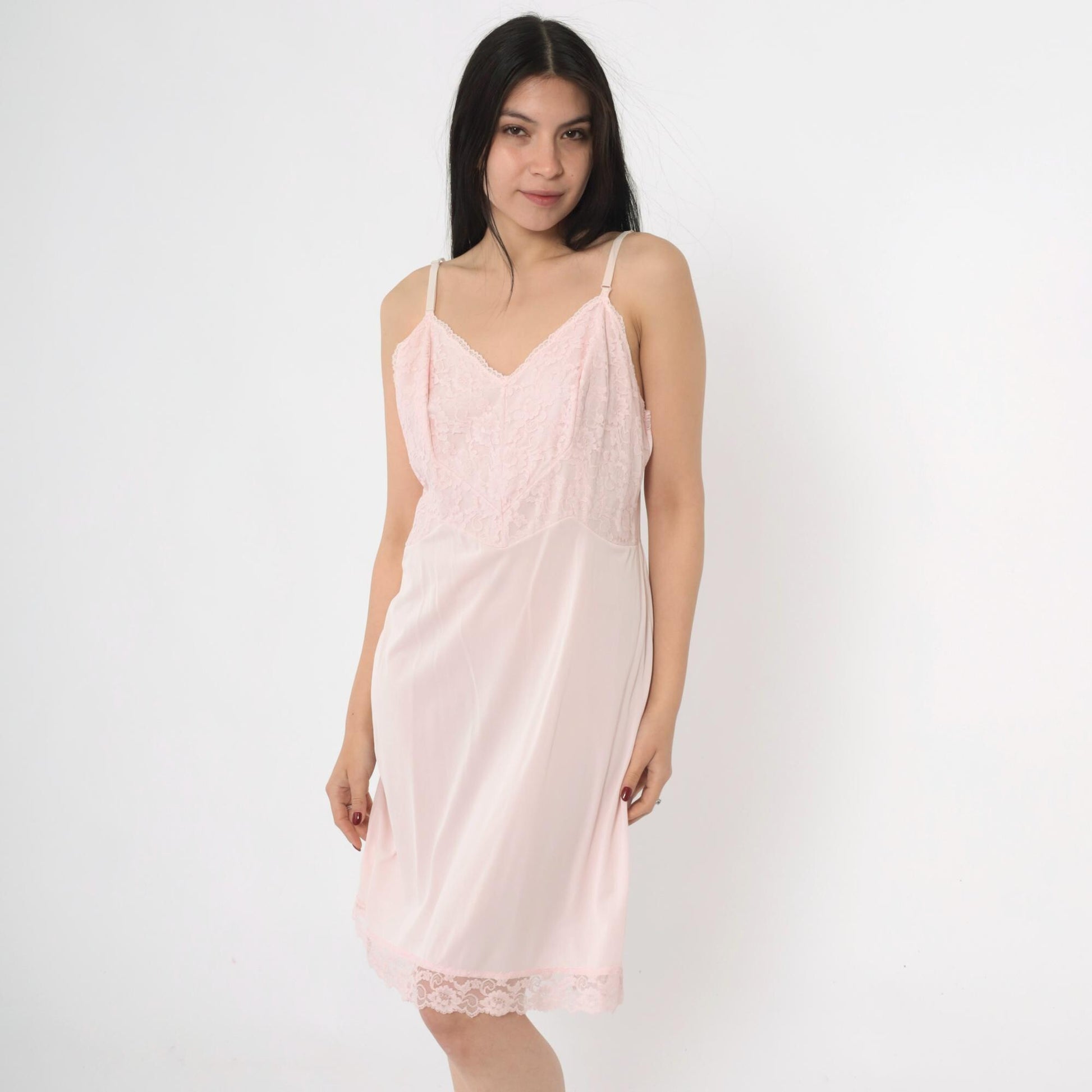 70s Pink Lace Slip Dress V-Neck Spaghetti Straps Mini Nightgown Medium