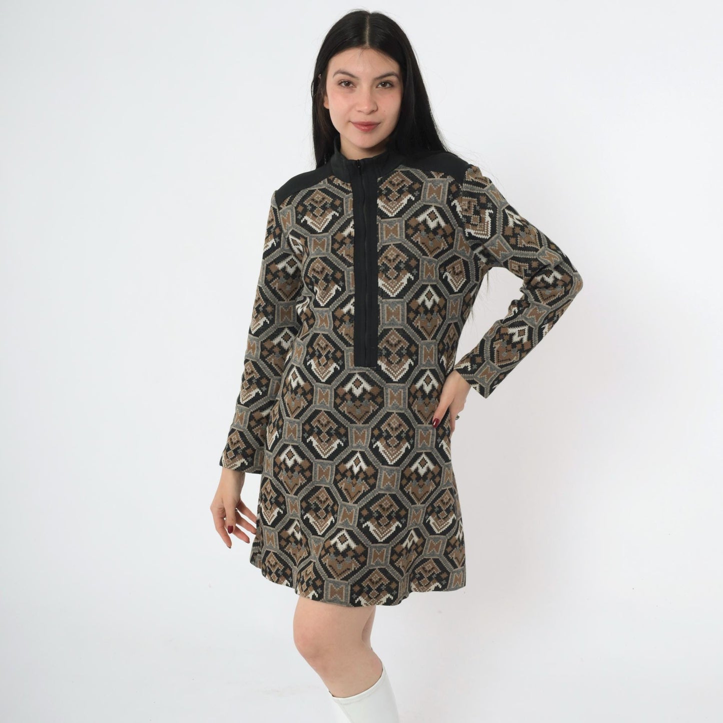 70s Mod Shift Dress Geometric Print Mock Neck Mini Black Brown Medium