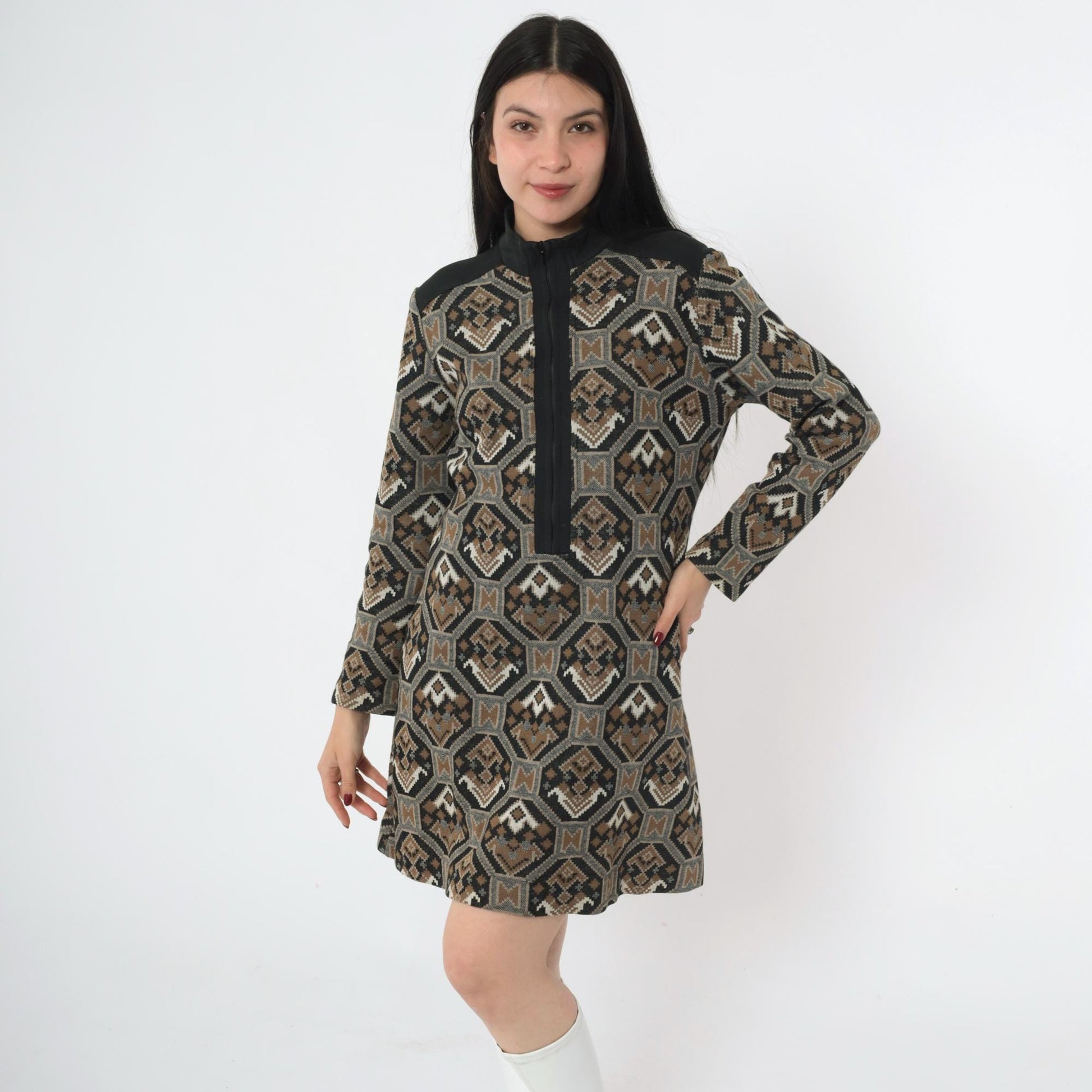 70s Mod Shift Dress Geometric Print Mock Neck Mini Black Brown Medium