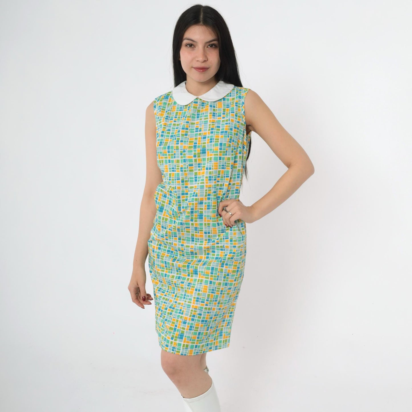60s Mod Geometric Mini Dress Peter Pan Collar Sleeveless Green Blue Small