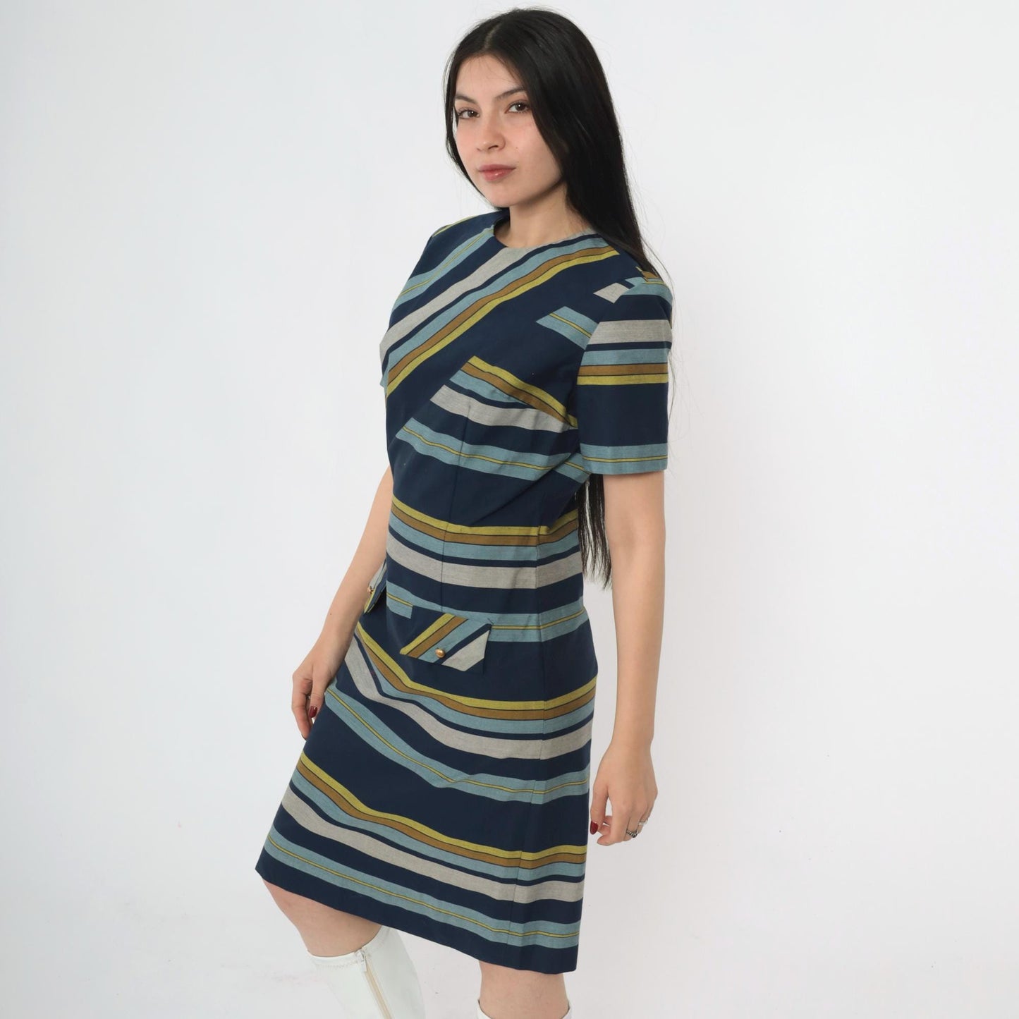 60s Striped Shift Dress Navy Blue Green Grey Mod Crew Neck Small S