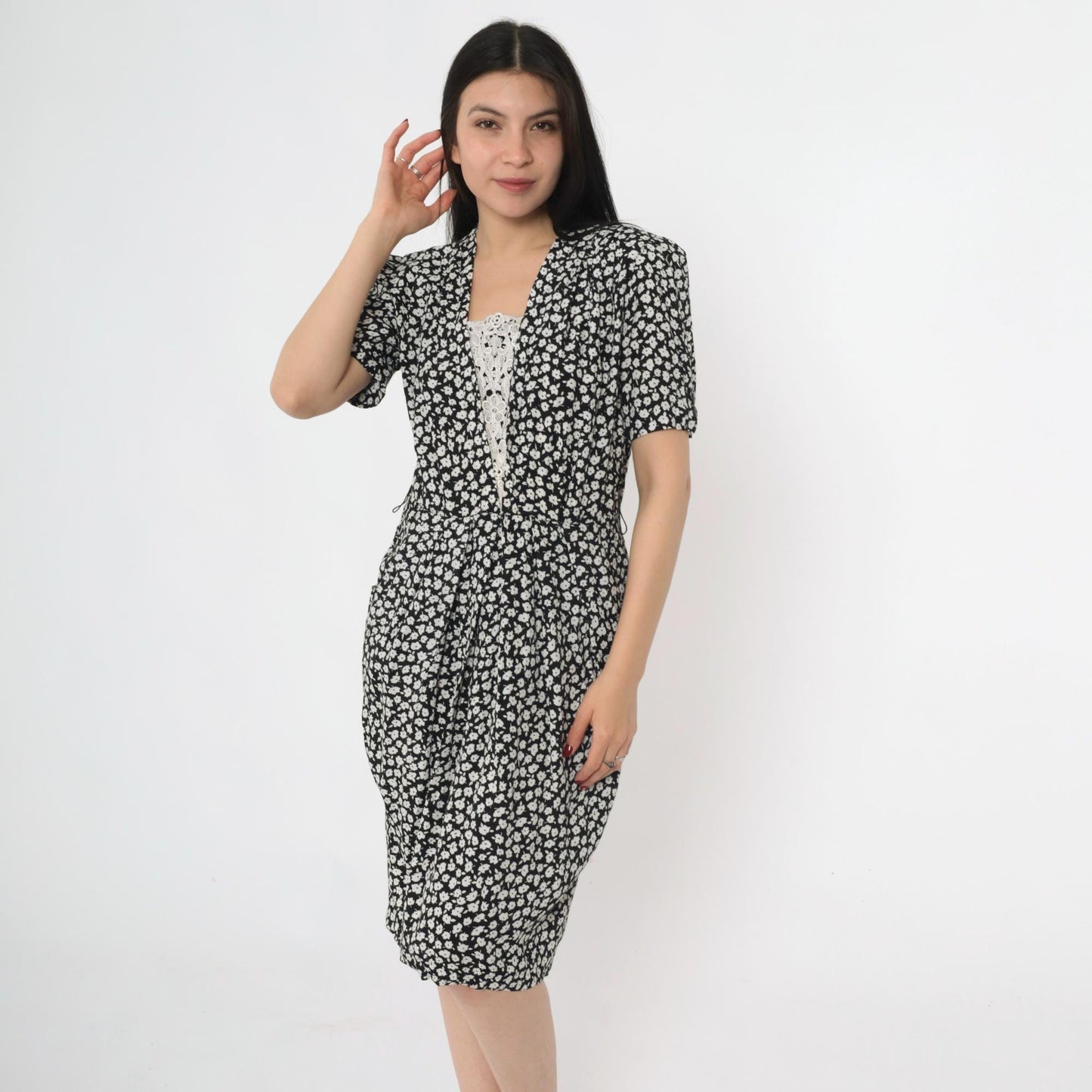 90s Karin Stevens Black Floral Midi Dress Puff Sleeve Lace V-Neck Small