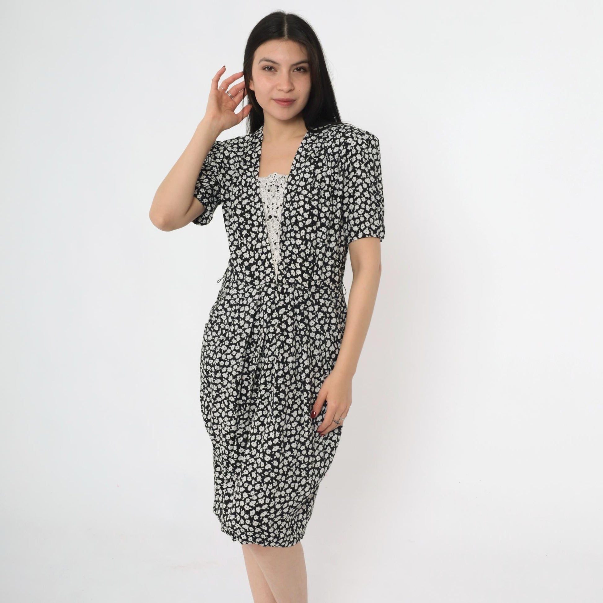 90s Karin Stevens Black Floral Midi Dress Puff Sleeve Lace V-Neck Small