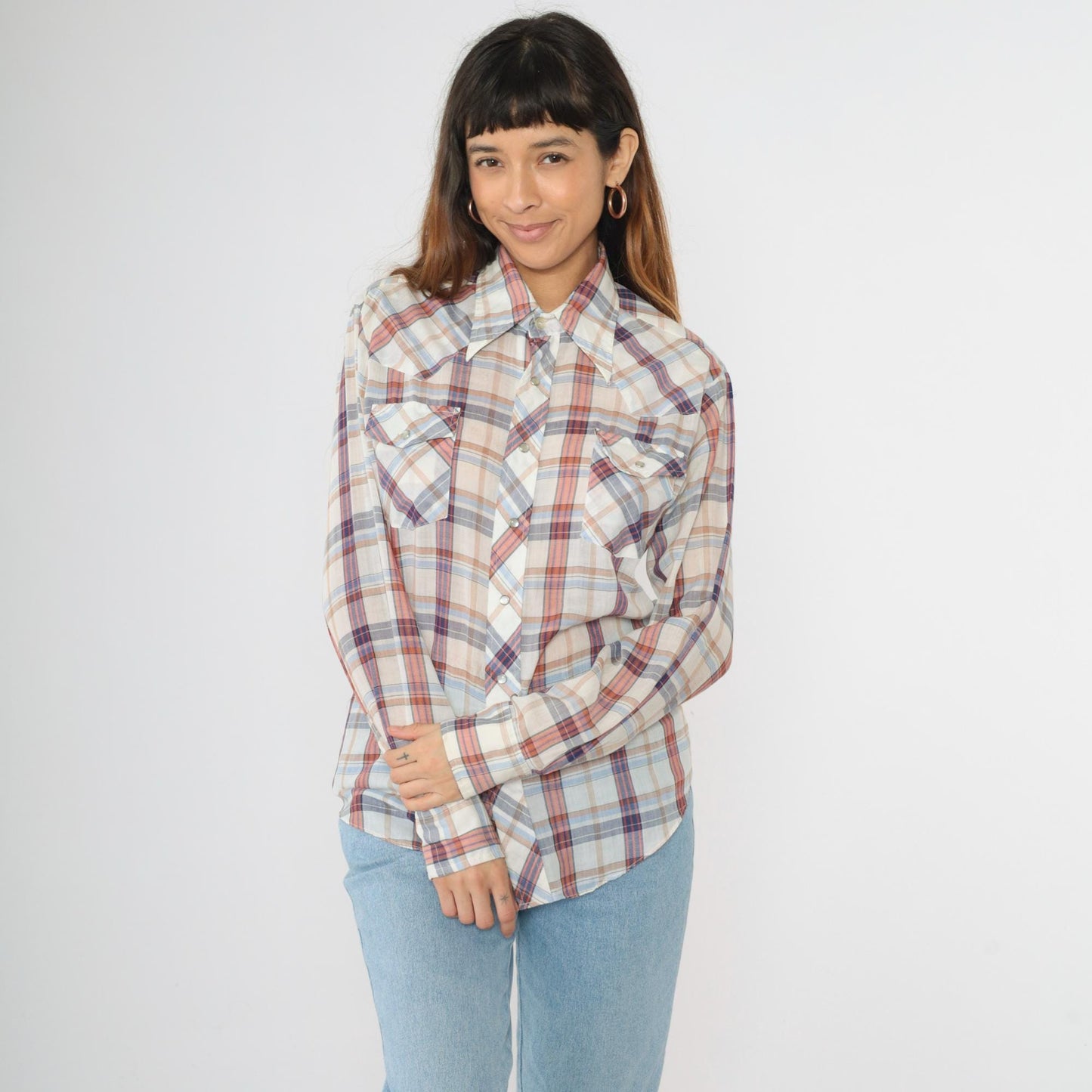 70s Western Pearl Snap Shirt Plaid White Red Blue Dagger Collar Men's Small