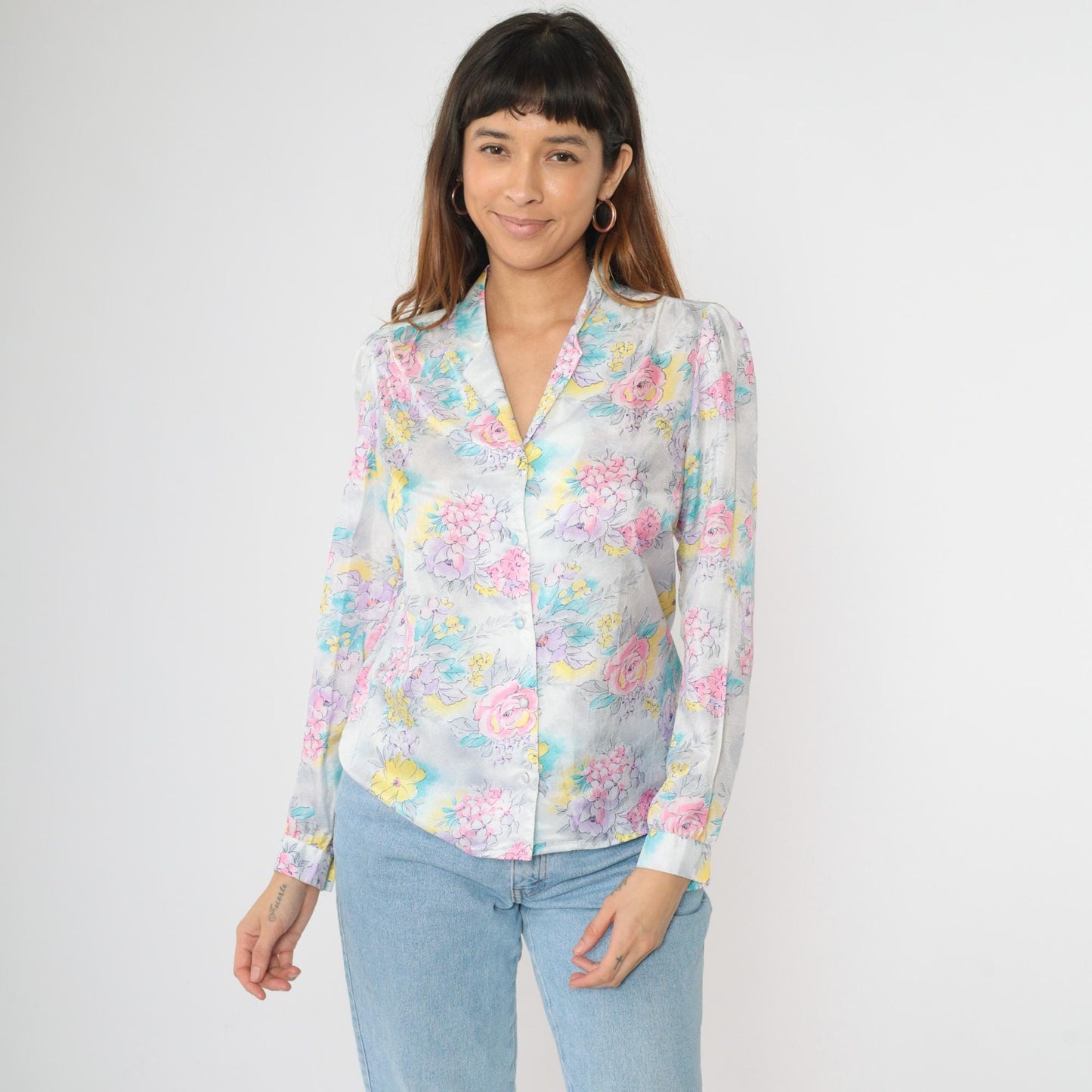 80s Pastel Floral Puff Sleeve Button Up Blouse Pink Lavender Blue Medium