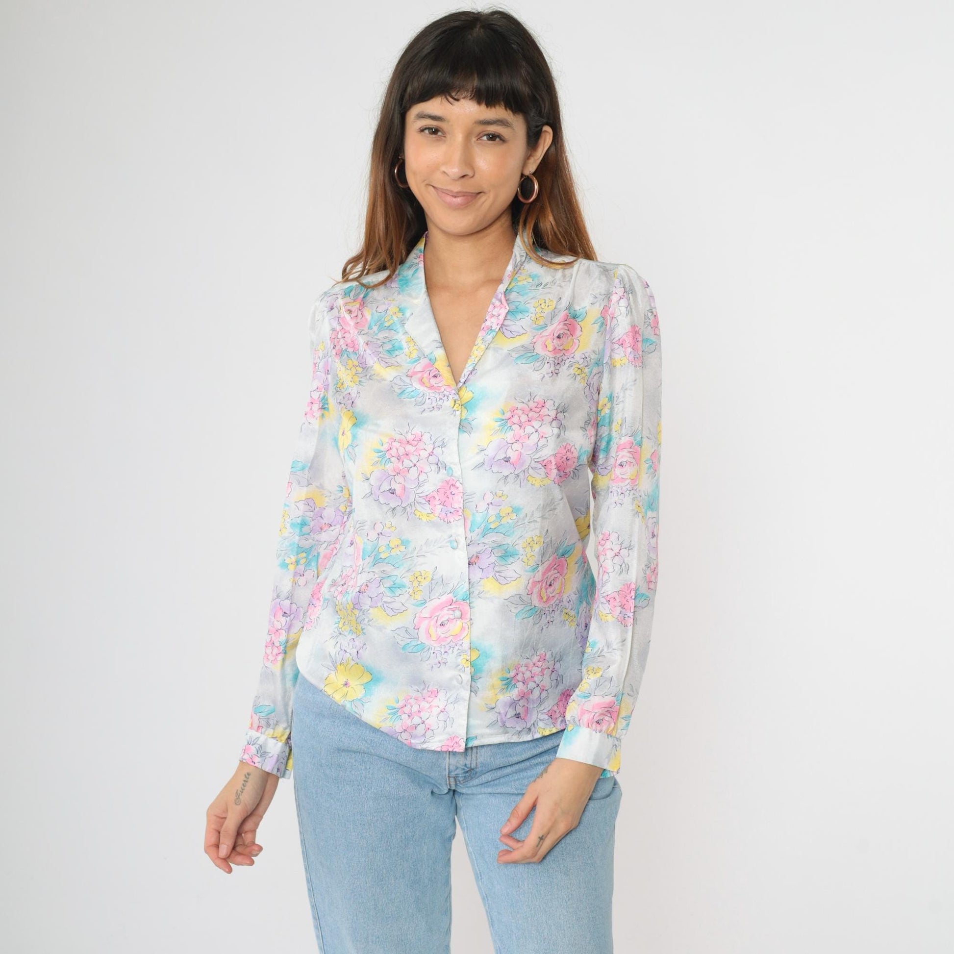 80s Pastel Floral Puff Sleeve Button Up Blouse Pink Lavender Blue Medium
