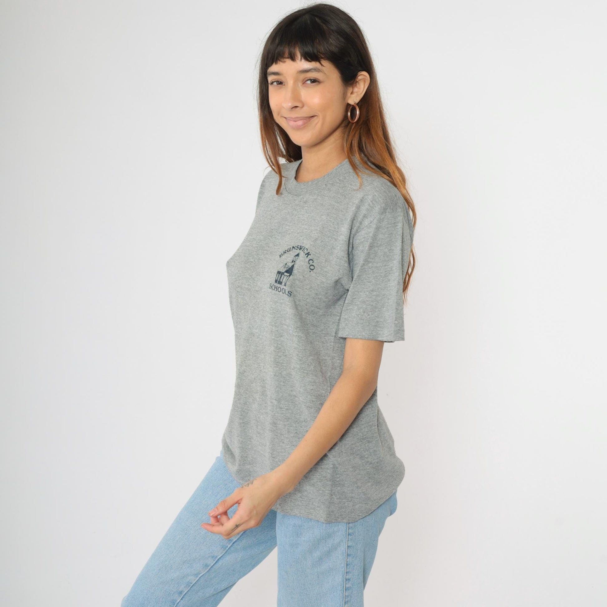 90s Brunswick County Schools Graphic T-Shirt Grey Jerzees USA Made Large