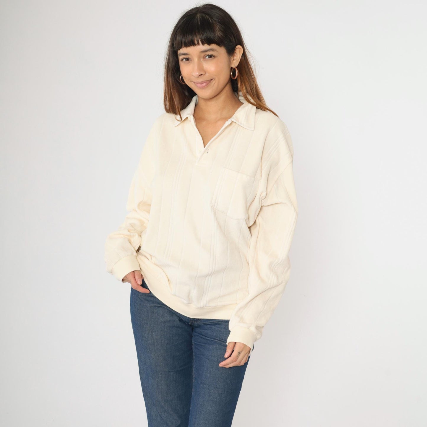 80s Cream Velour Polo Sweatshirt Collared Button-Up Long Sleeve Extra Large