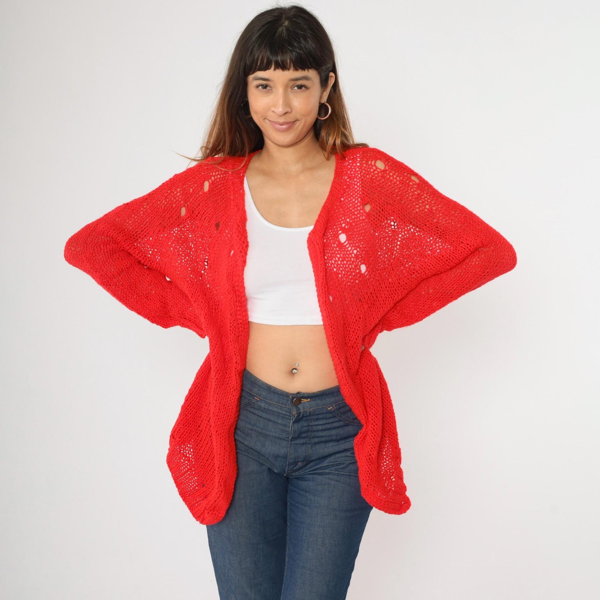 70s Red Cardigan Sweater Open Weave Sheer Knit Long Sleeve Large