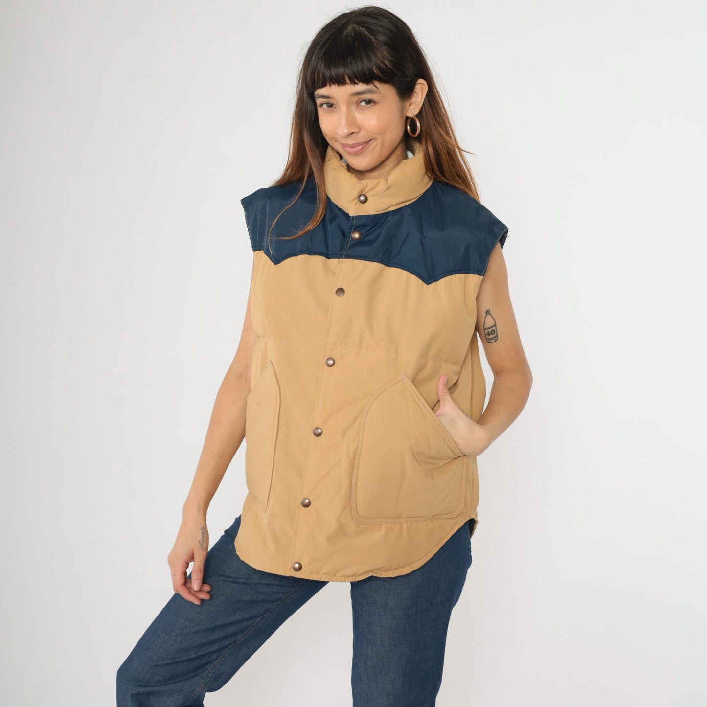 80s Goose Down Puffer Vest Tan Navy Yoke Colour Block Ski Sleeveless Large L