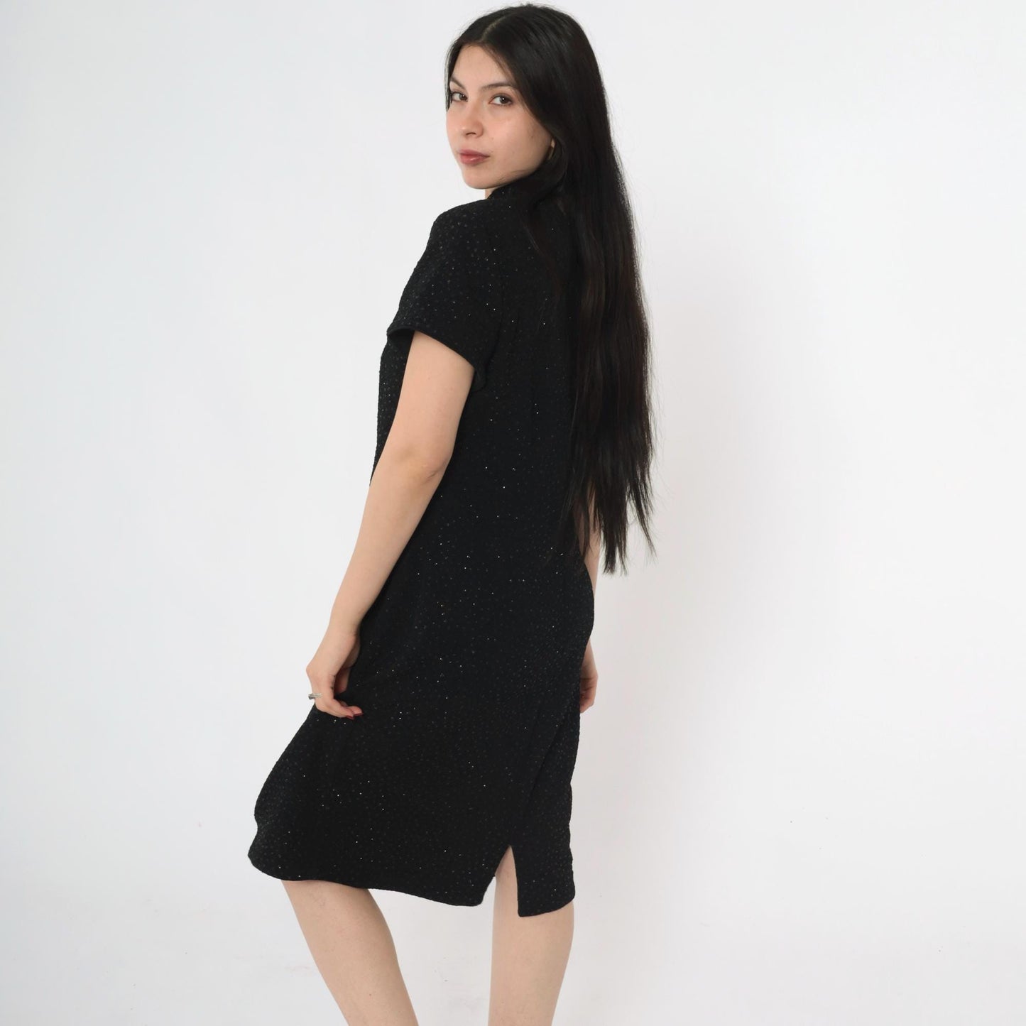 90s Black Glitter Cheongsam Midi Dress Keyhole Neck Short Sleeve Large