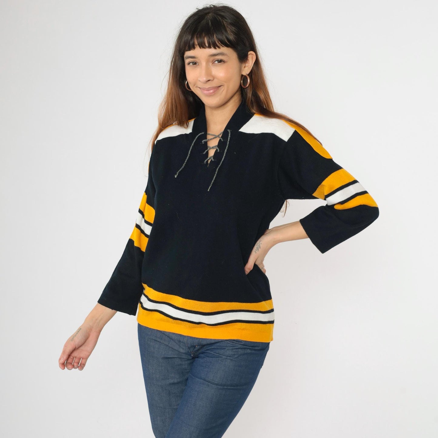 70s Franklin Hockey Jersey Sweater Black Gold Striped Lace-Up Large L