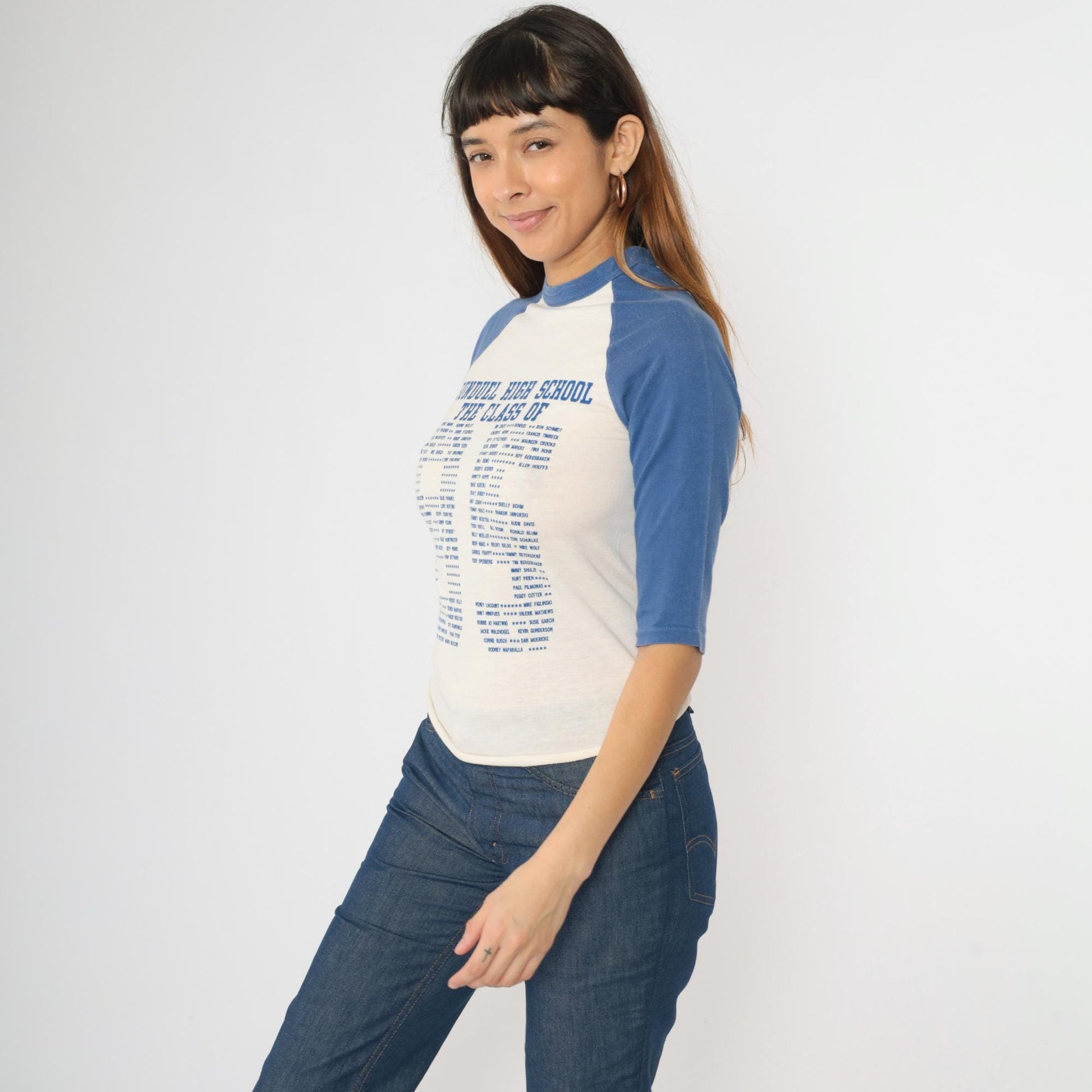 80s Bonduel High School Class of 1985 Raglan Baseball Tee Blue White Graphic Small