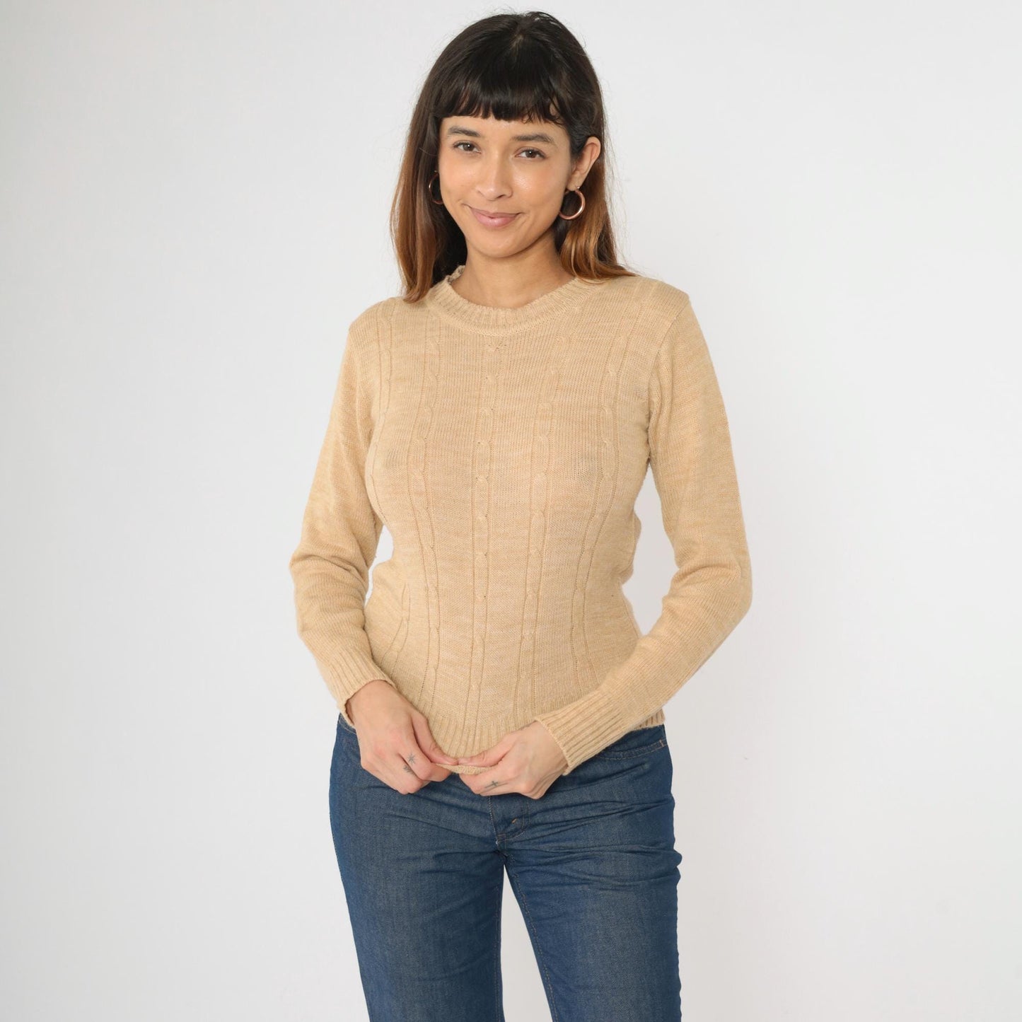 70s Tan Cable Knit Crewneck Pullover Sweater Small S