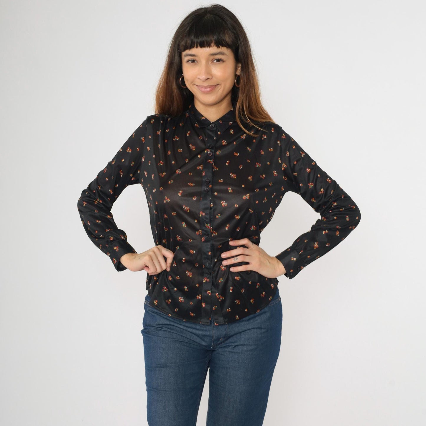 70s Black Abstract Sphere Print Button Down Blouse Long Sleeve Pointed Collar Medium