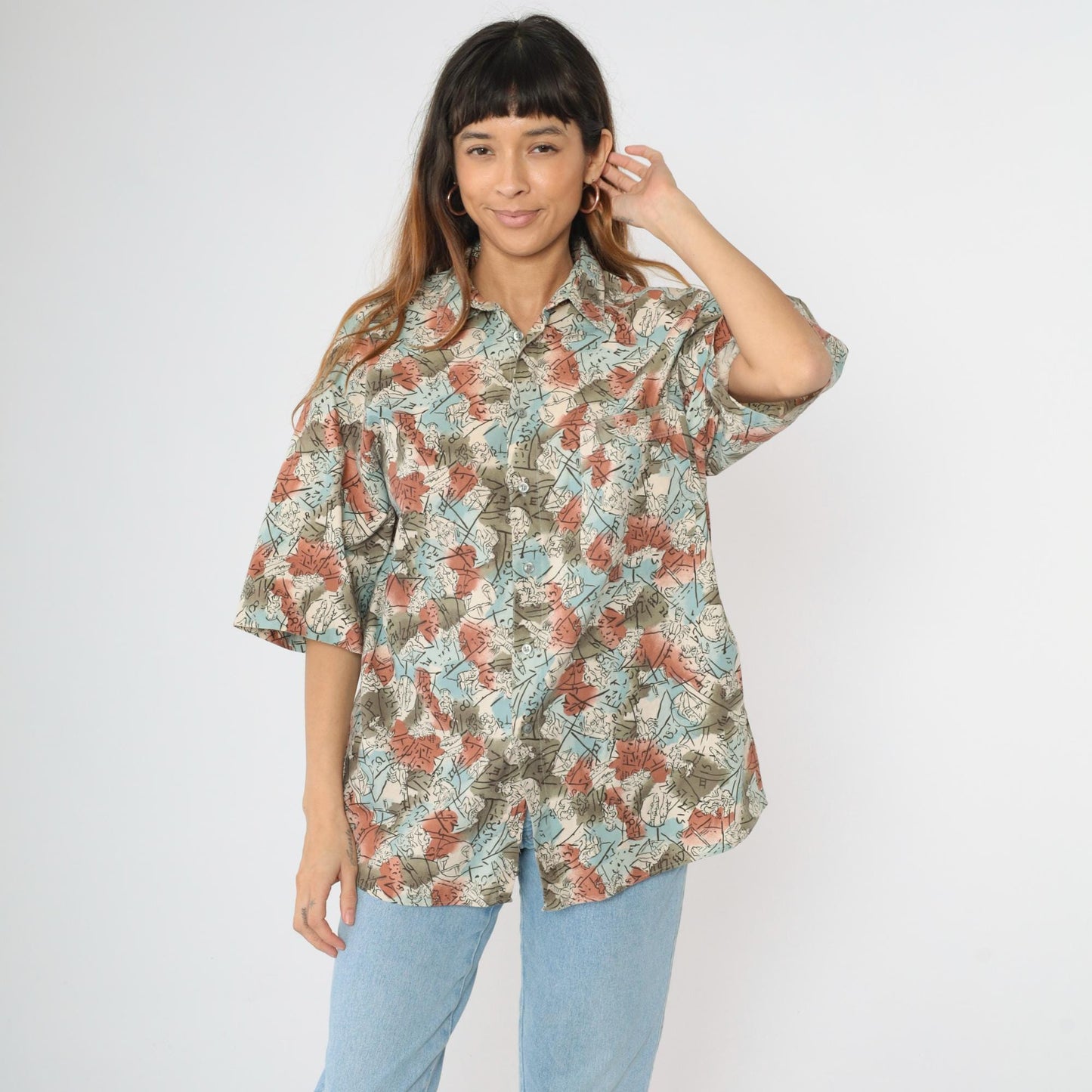 90s Dockers Zodiac Print Button Up Shirt Olive Green Blue Cotton Large L