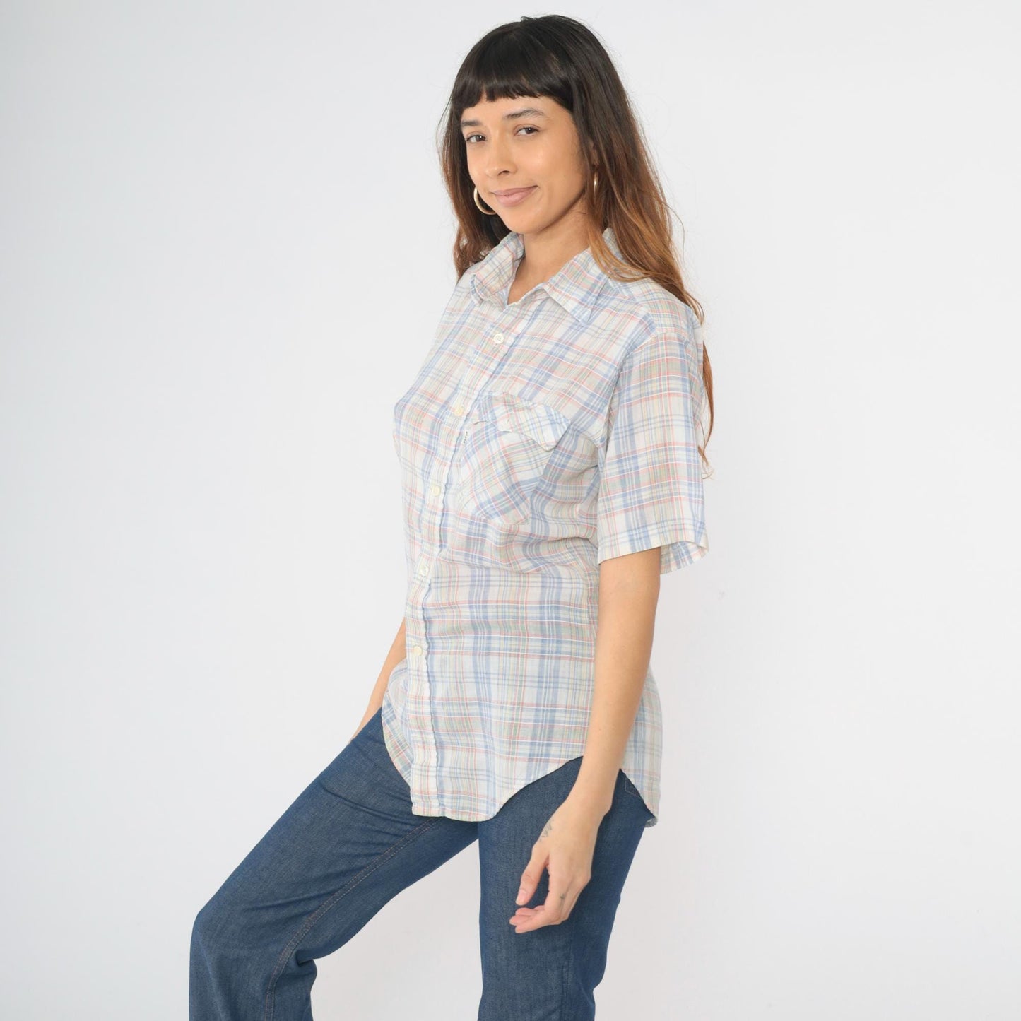 80s Levi's Plaid Button-Up Shirt White Blue Red Checkered Short Sleeve Medium