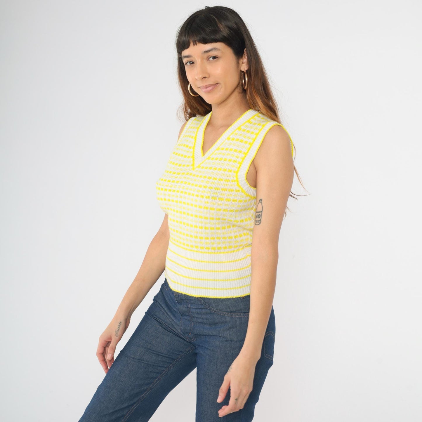 70s Sweater Vest White Yellow Striped Square Print V-Neck Pullover Small