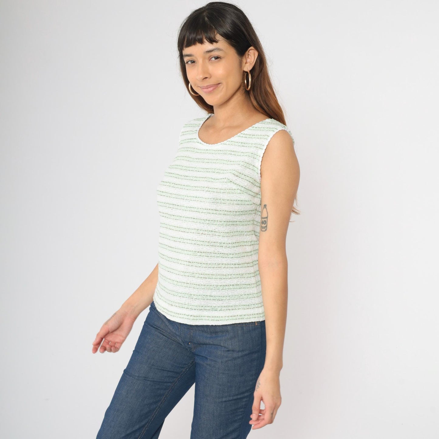 70s Green White Striped Knit Tank Top Scoop Neck Small Medium