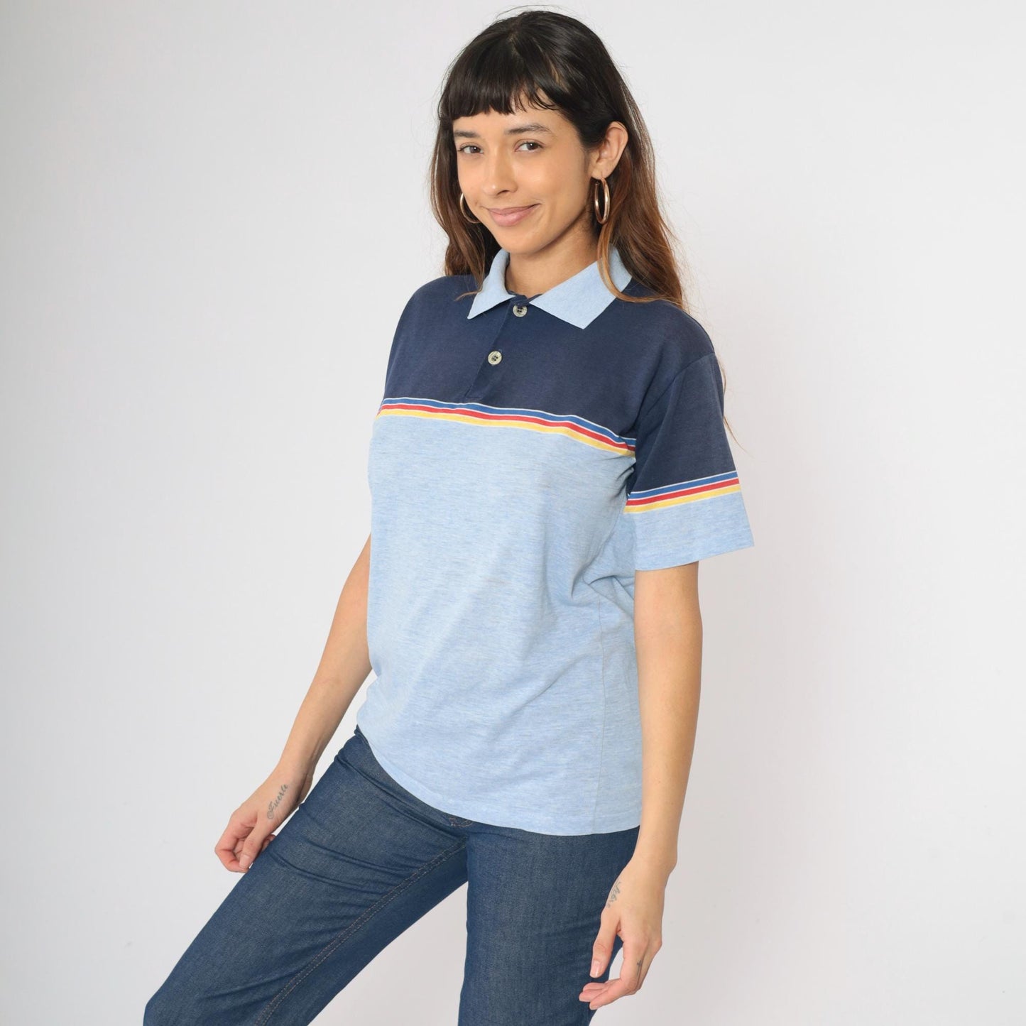 80s Campusport Polo Shirt Baby Blue Navy Colour Block Striped Medium