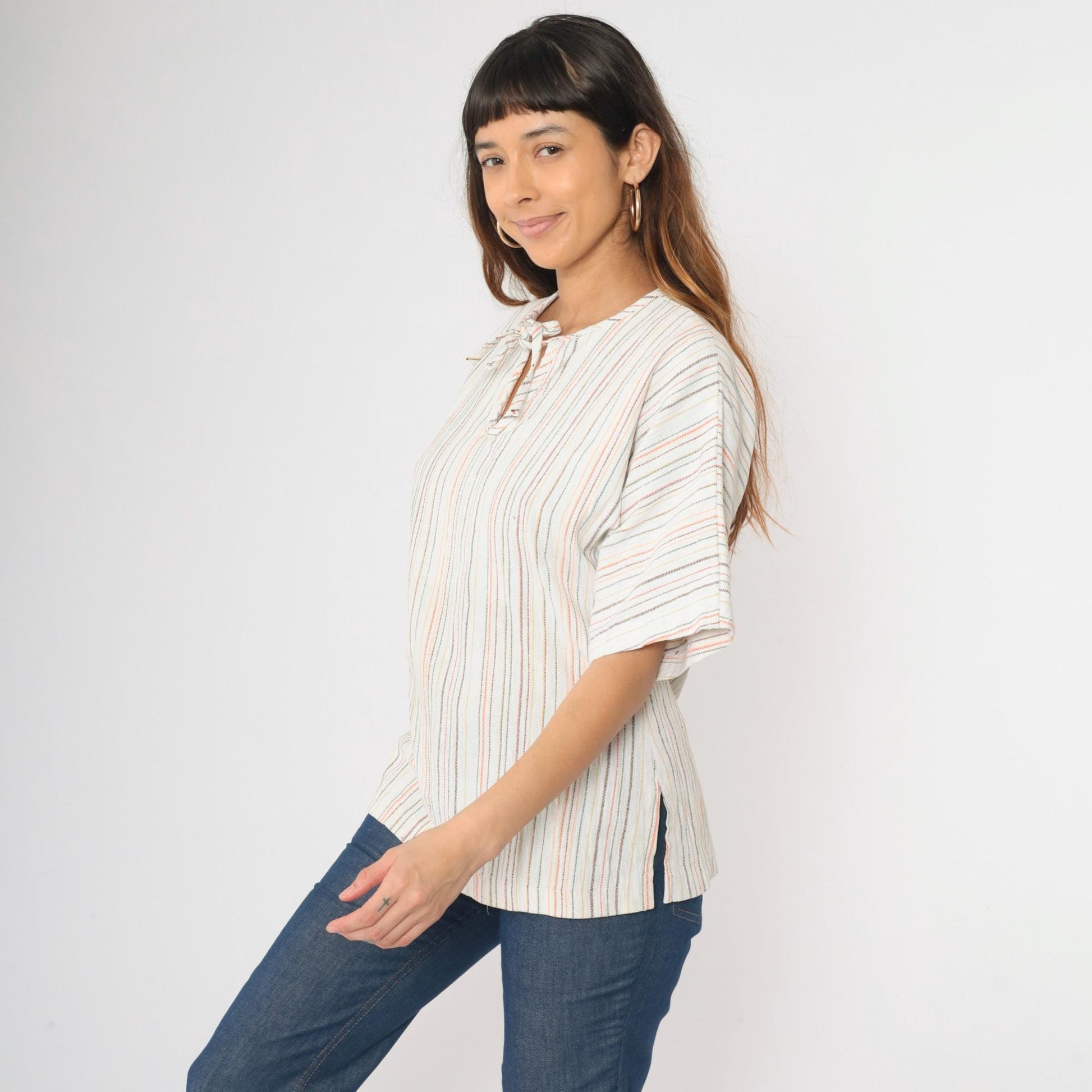 70s Striped Tunic Top White Keyhole Tie Neck Short Sleeve Small