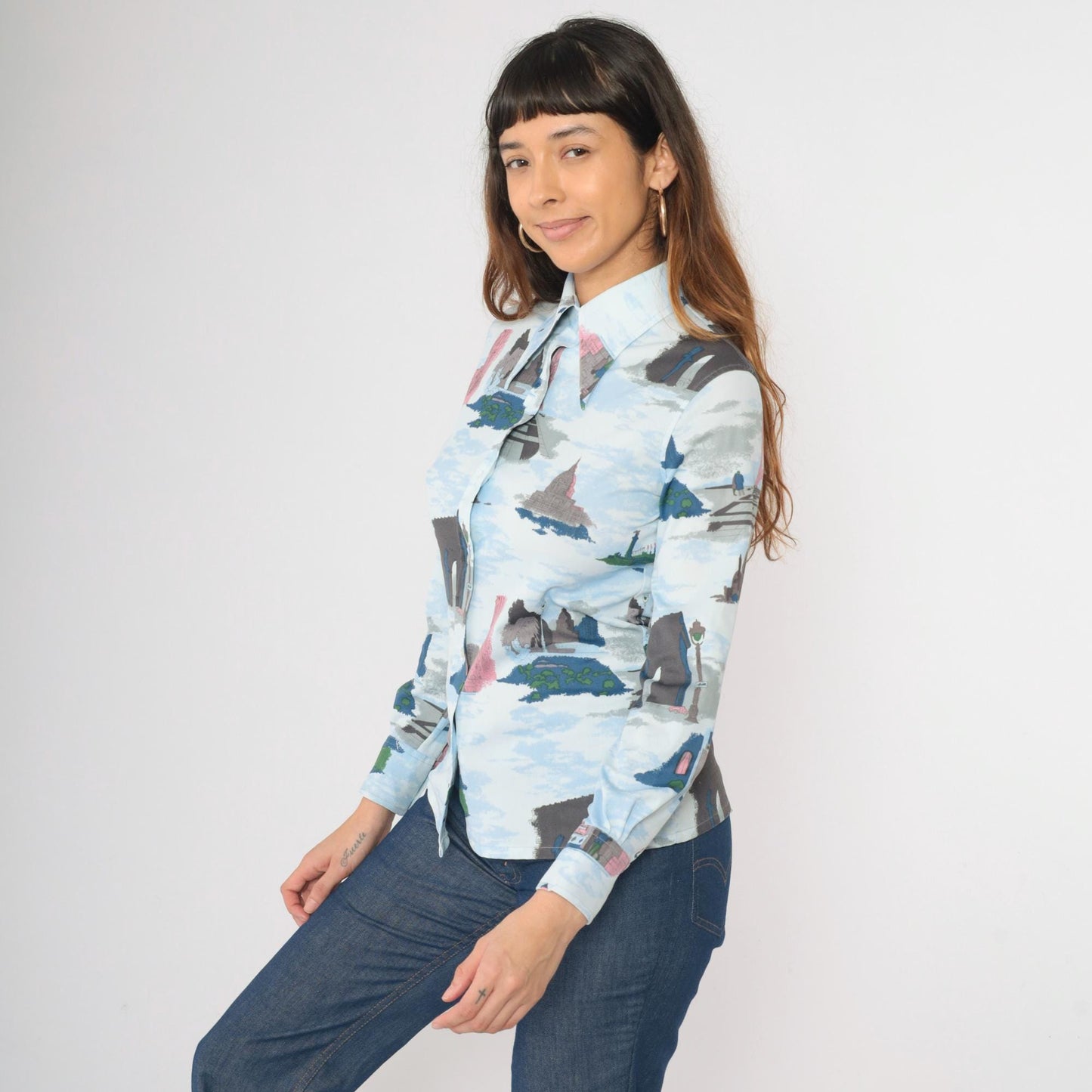 70s Loubella Parisian Print Blouse Blue Button Up Eiffel Tower Medium