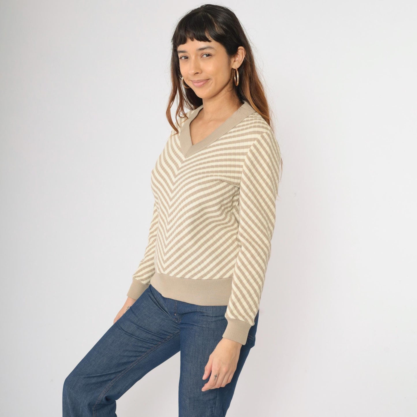 70s Tan Chevron Striped V-Neck Sweater Wool Blend Knit Small Medium