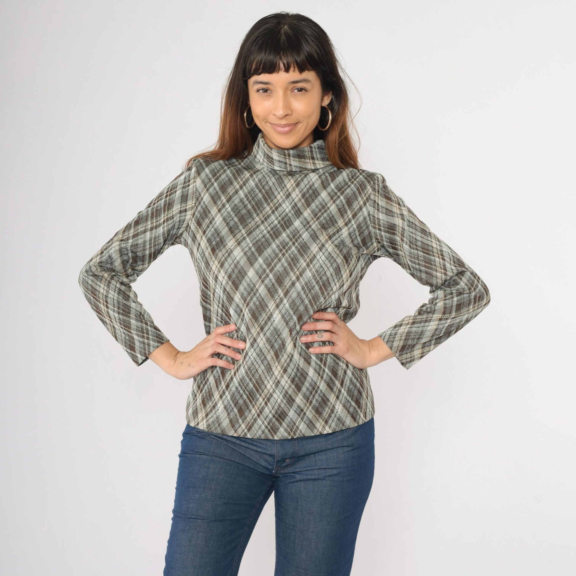 70s Brown Grey Plaid Turtleneck Shirt Long Sleeve High Neck Medium M