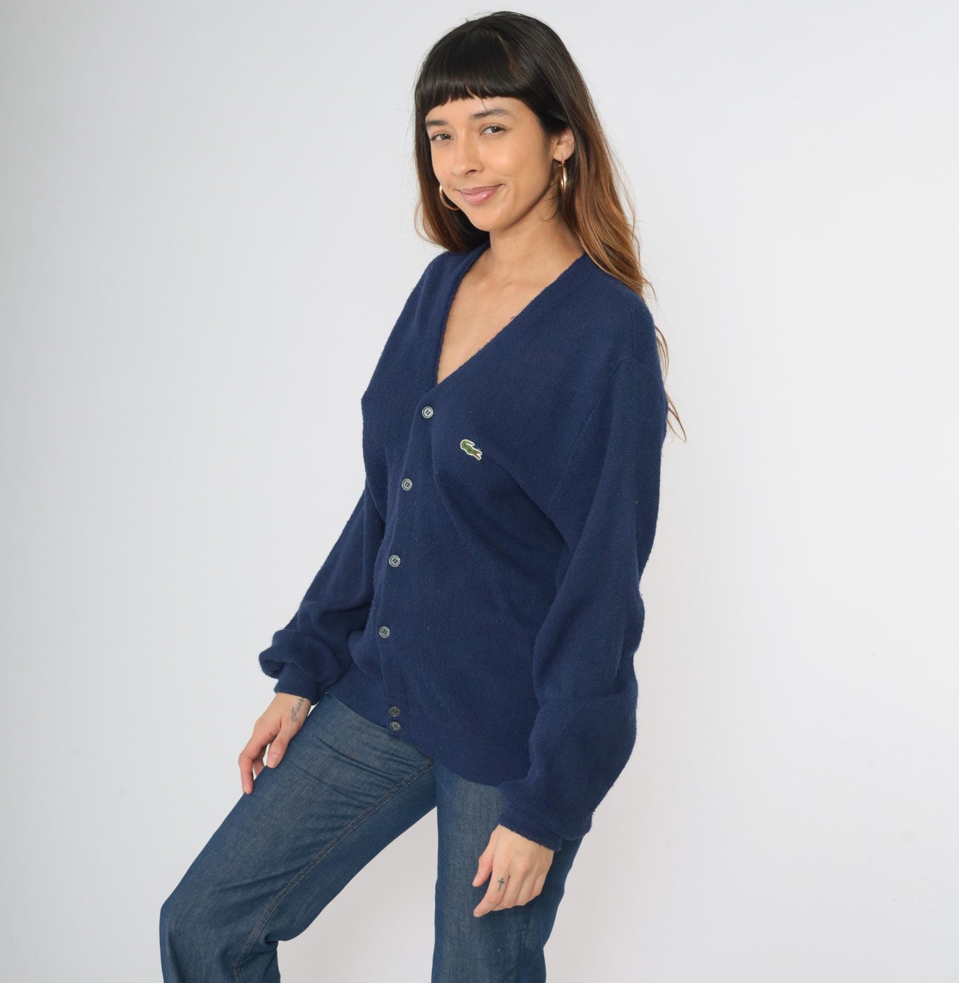 80s Izod Lacoste Navy Cardigan Sweater Crocodile Knit Medium M