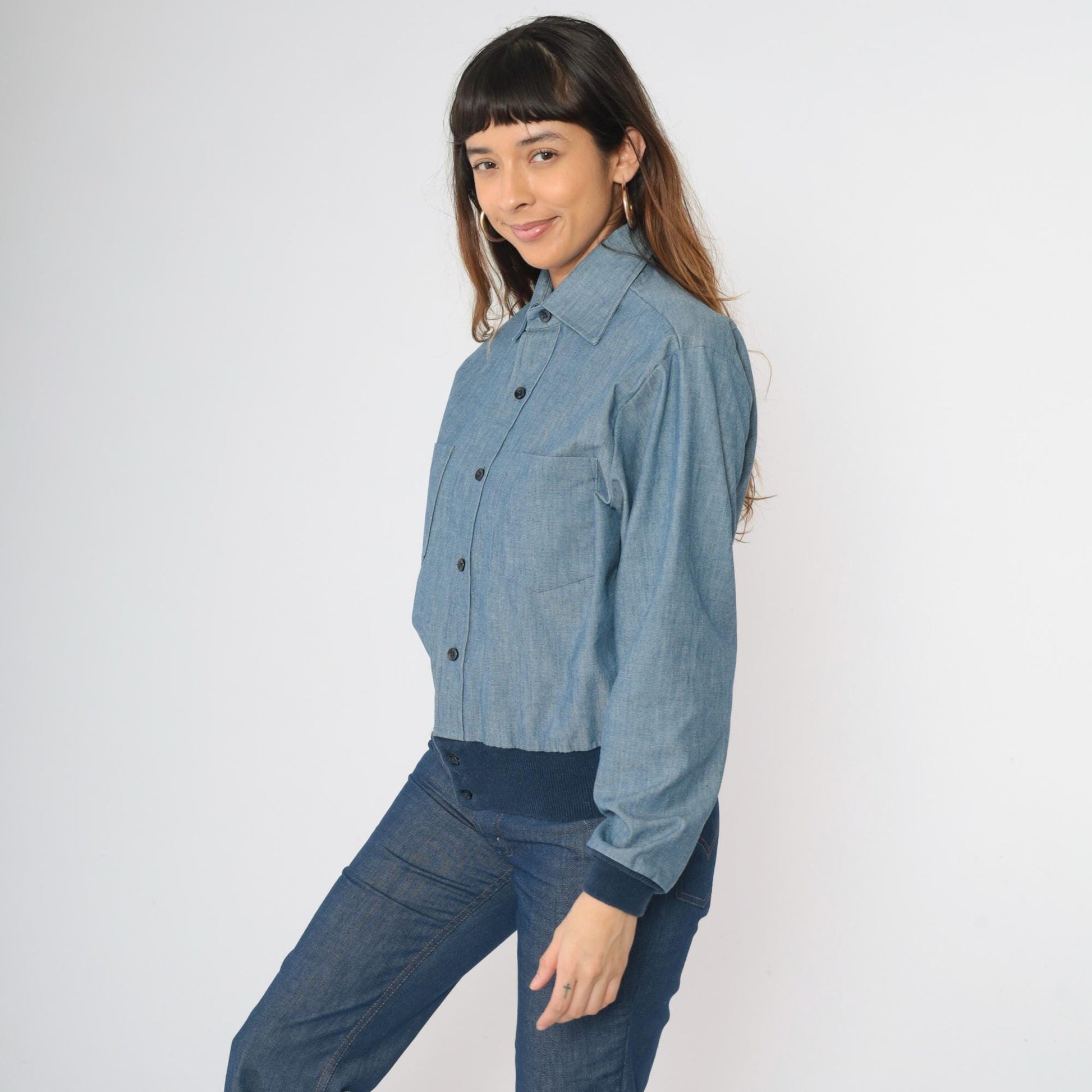 70s H.I.S Chambray Work Jacket Blue Button Up Utility Shirt Medium