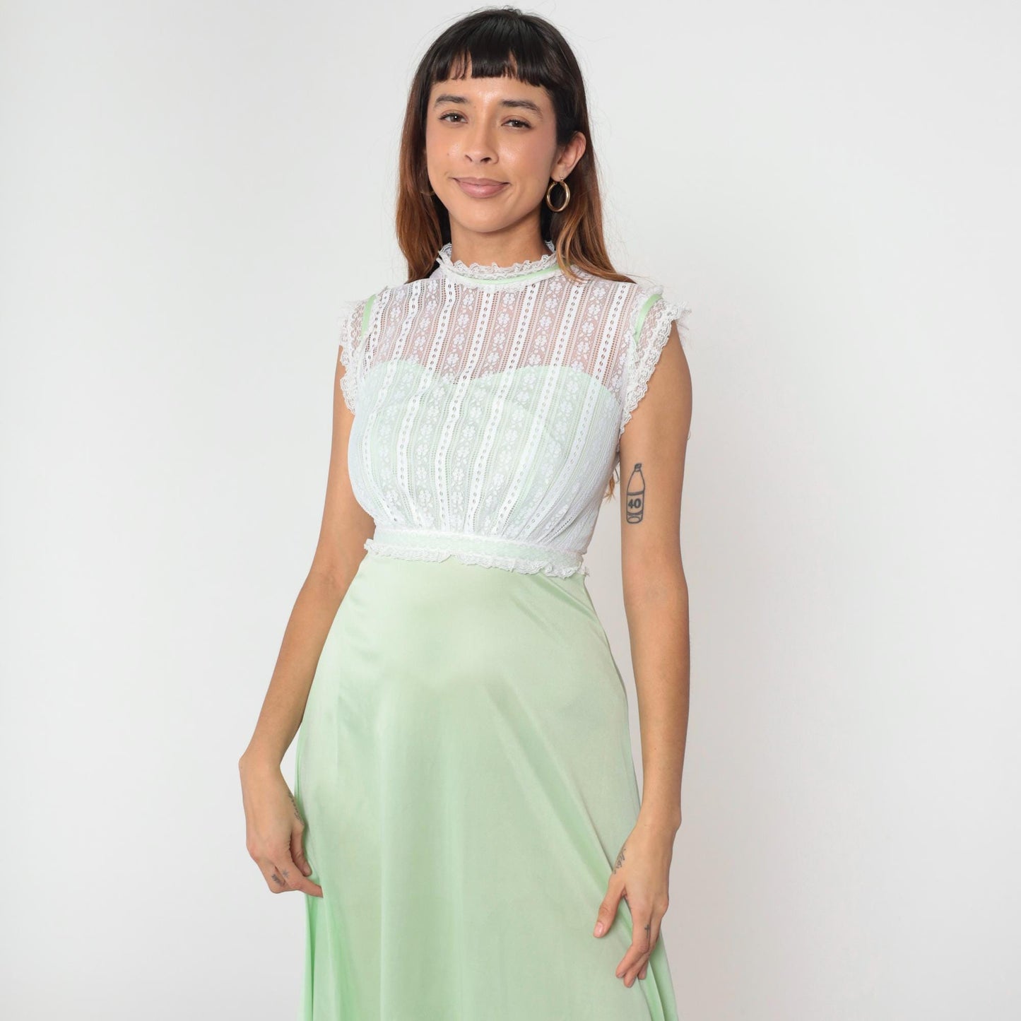 70s Pastel Green Maxi Gown White Lace High Neck Cap Sleeve Extra Small