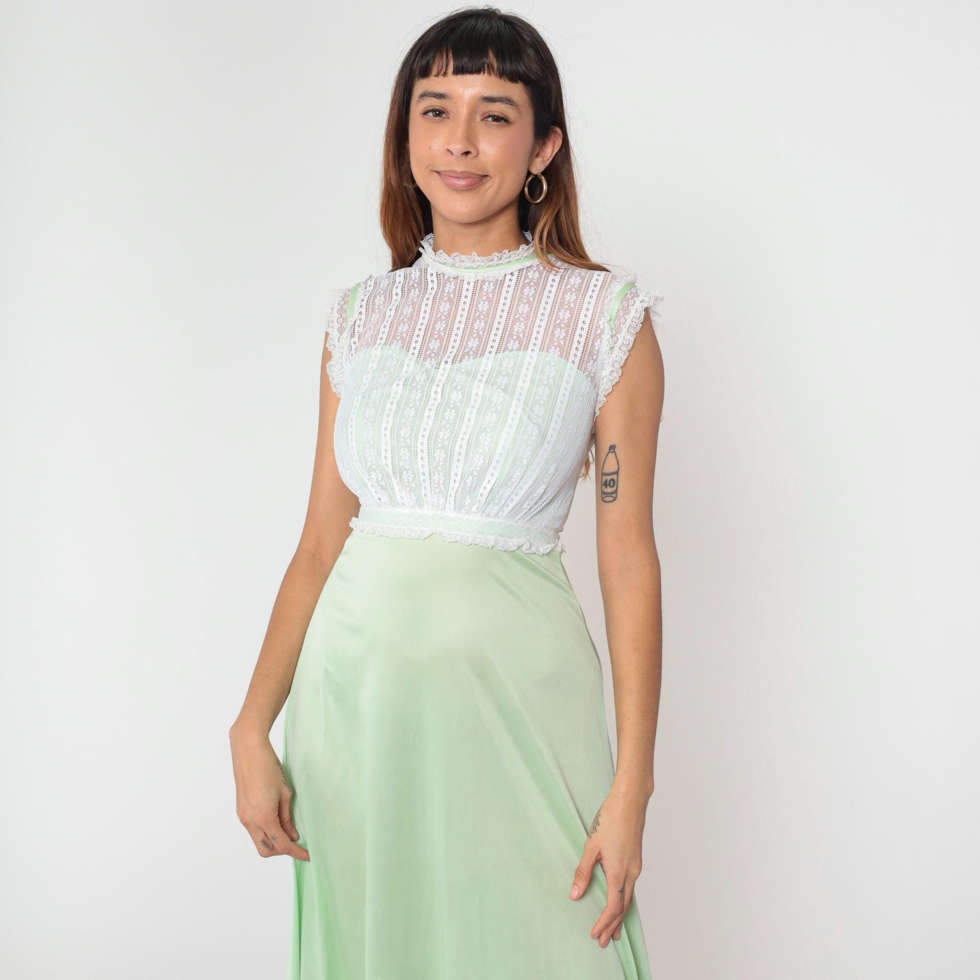 70s Pastel Green Maxi Gown White Lace High Neck Cap Sleeve Extra Small