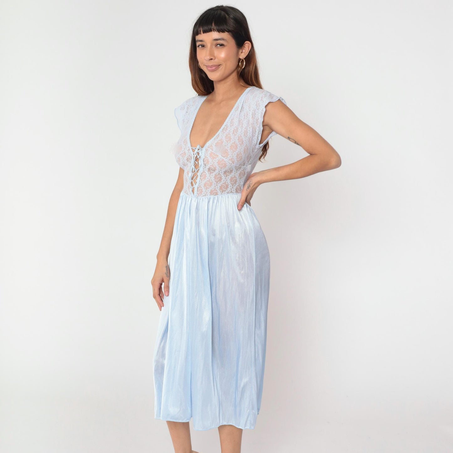 80s Baby Blue Lace Nightgown Empire Waist Lace-Up Neckline Cap Sleeve Midi Small S
