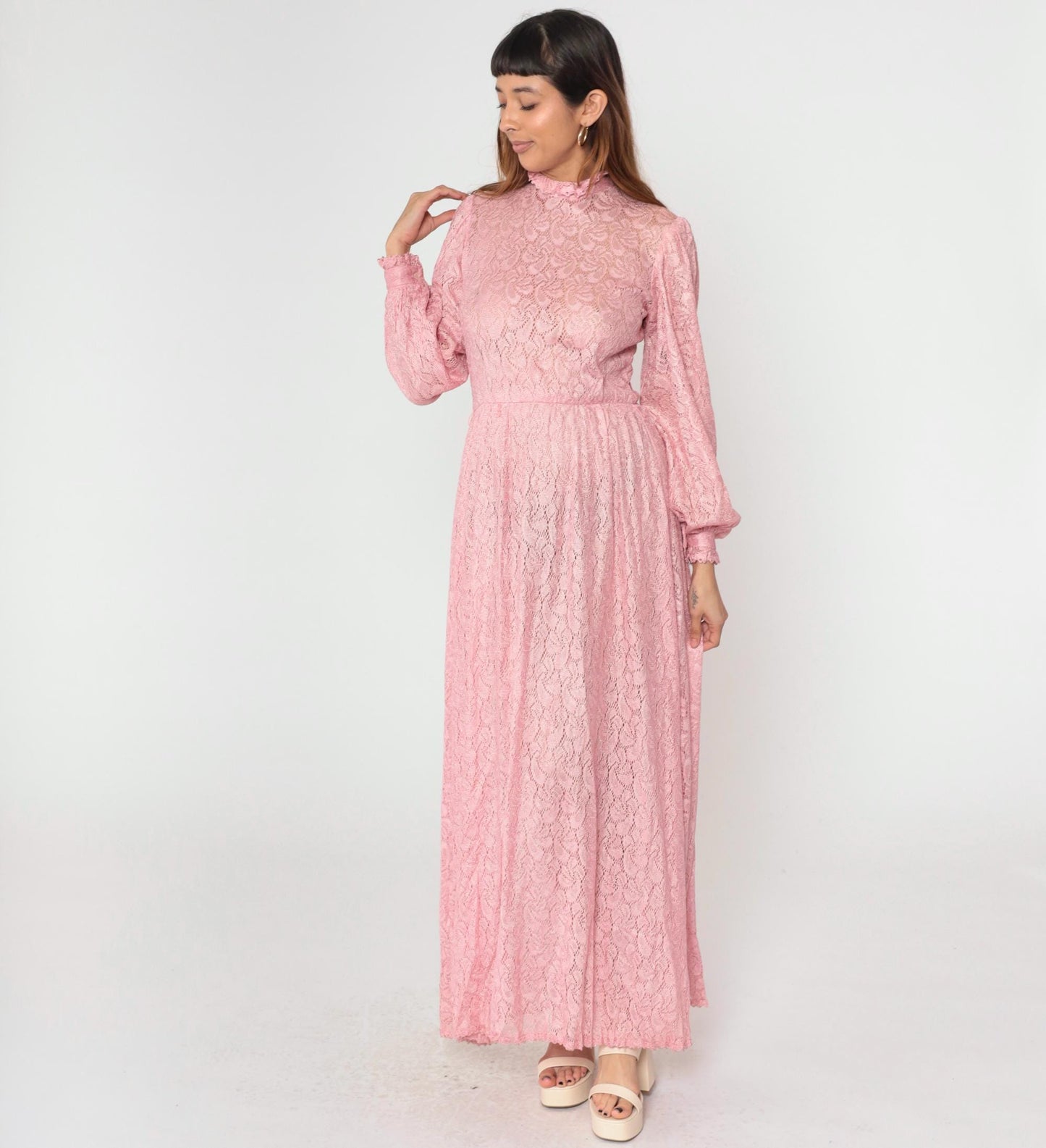 70s Pink Lace Maxi Dress Bishop Sleeve High Waist Button Back Small Medium
