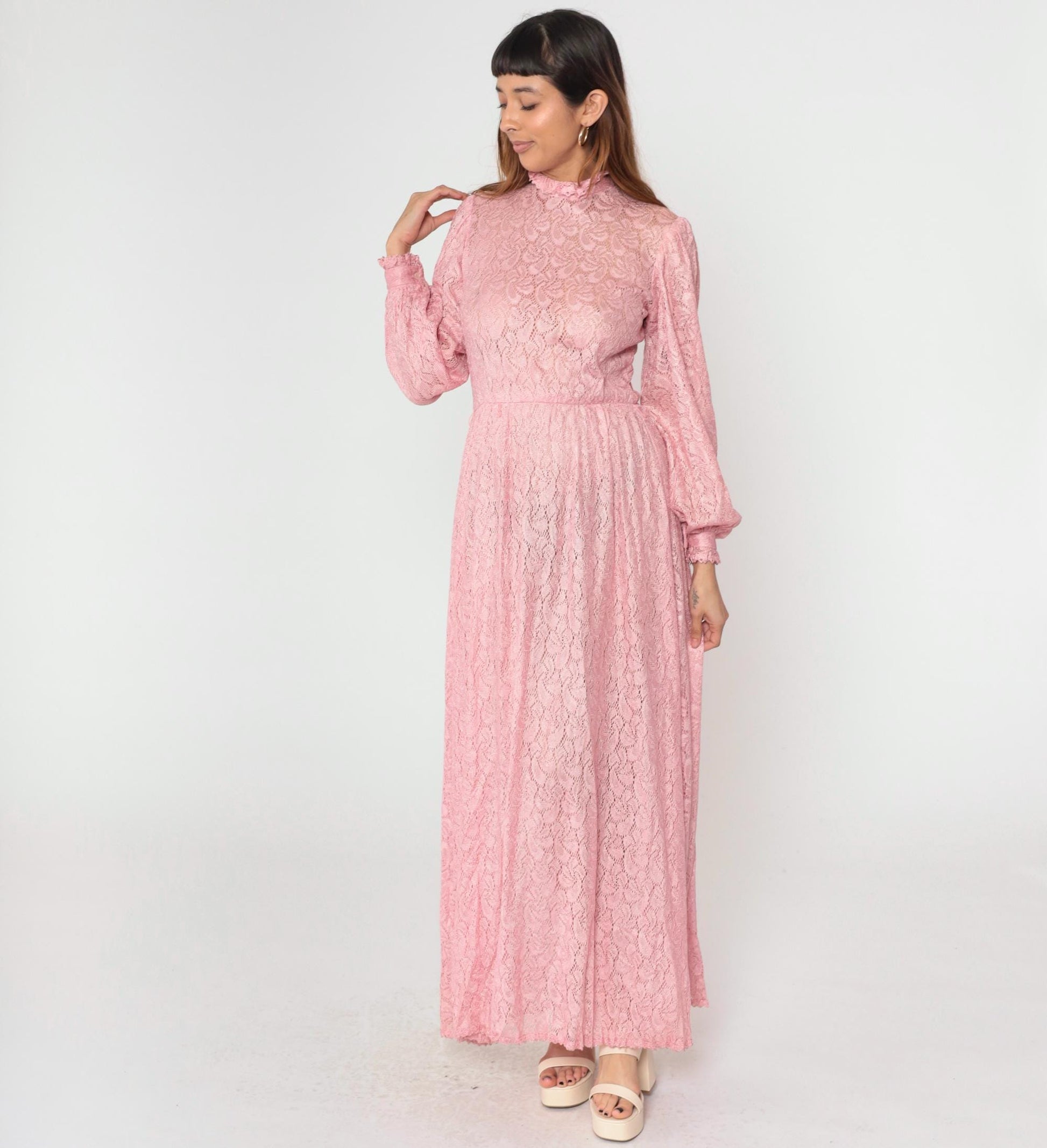 70s Pink Lace Maxi Dress Bishop Sleeve High Waist Button Back Small Medium